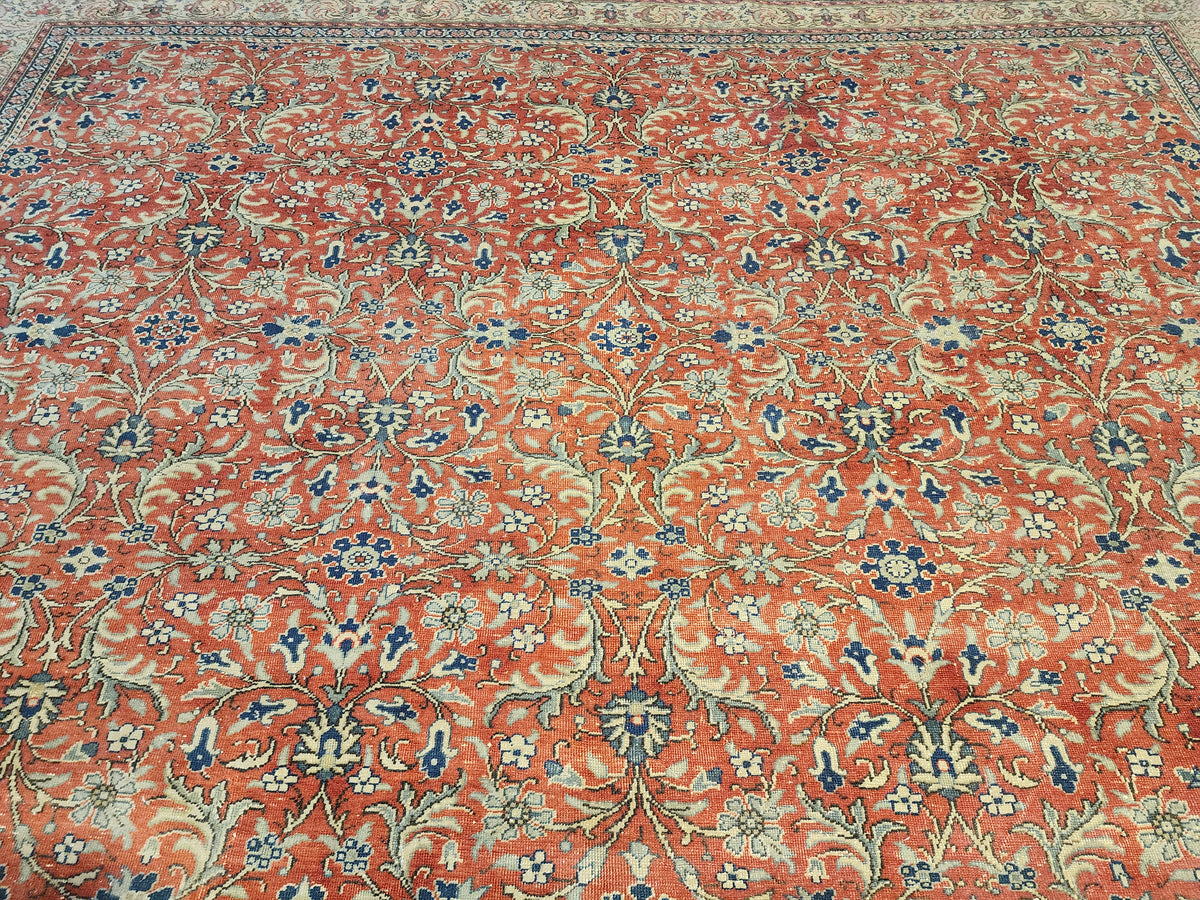 Large Hand-Knotted Turkish Oushak Rug, Muted Red Floral Anatolian Carpet (9'7" x 13'8")