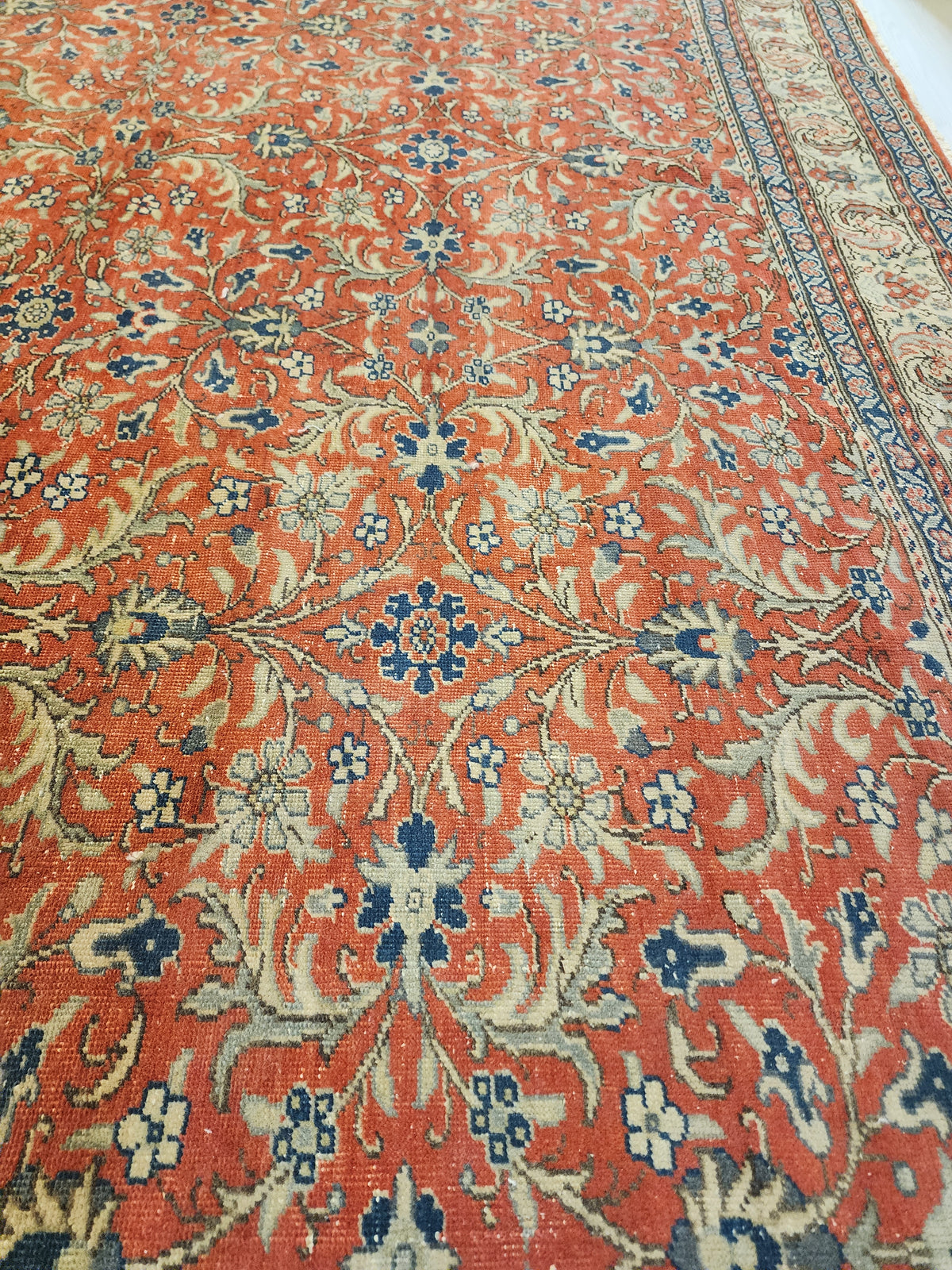 Large Hand-Knotted Turkish Oushak Rug, Muted Red Floral Anatolian Carpet (9'7" x 13'8")