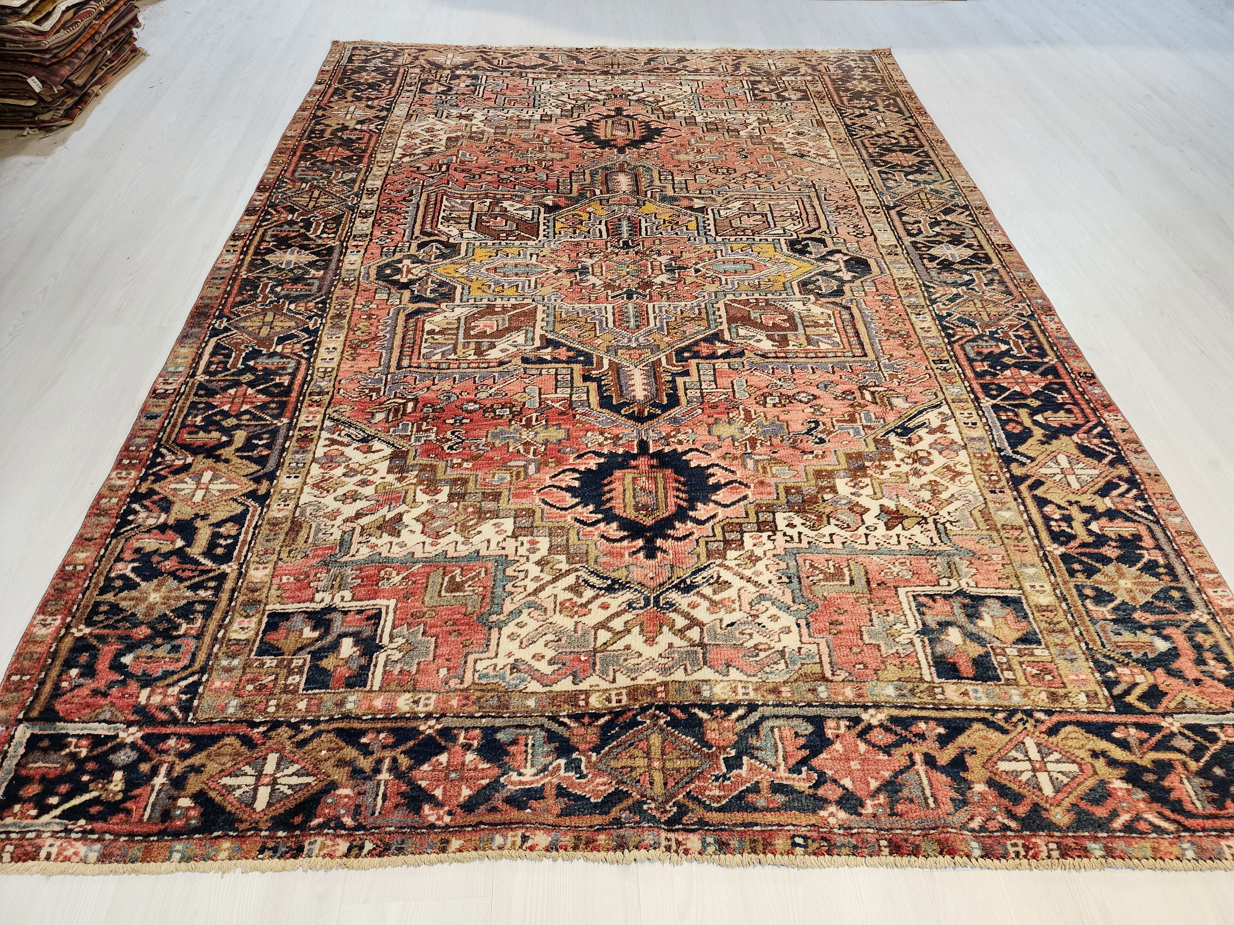 Vintage Persian Heriz Area Rug: Soft Red Oriental Design, 9'6'' x 6'9''