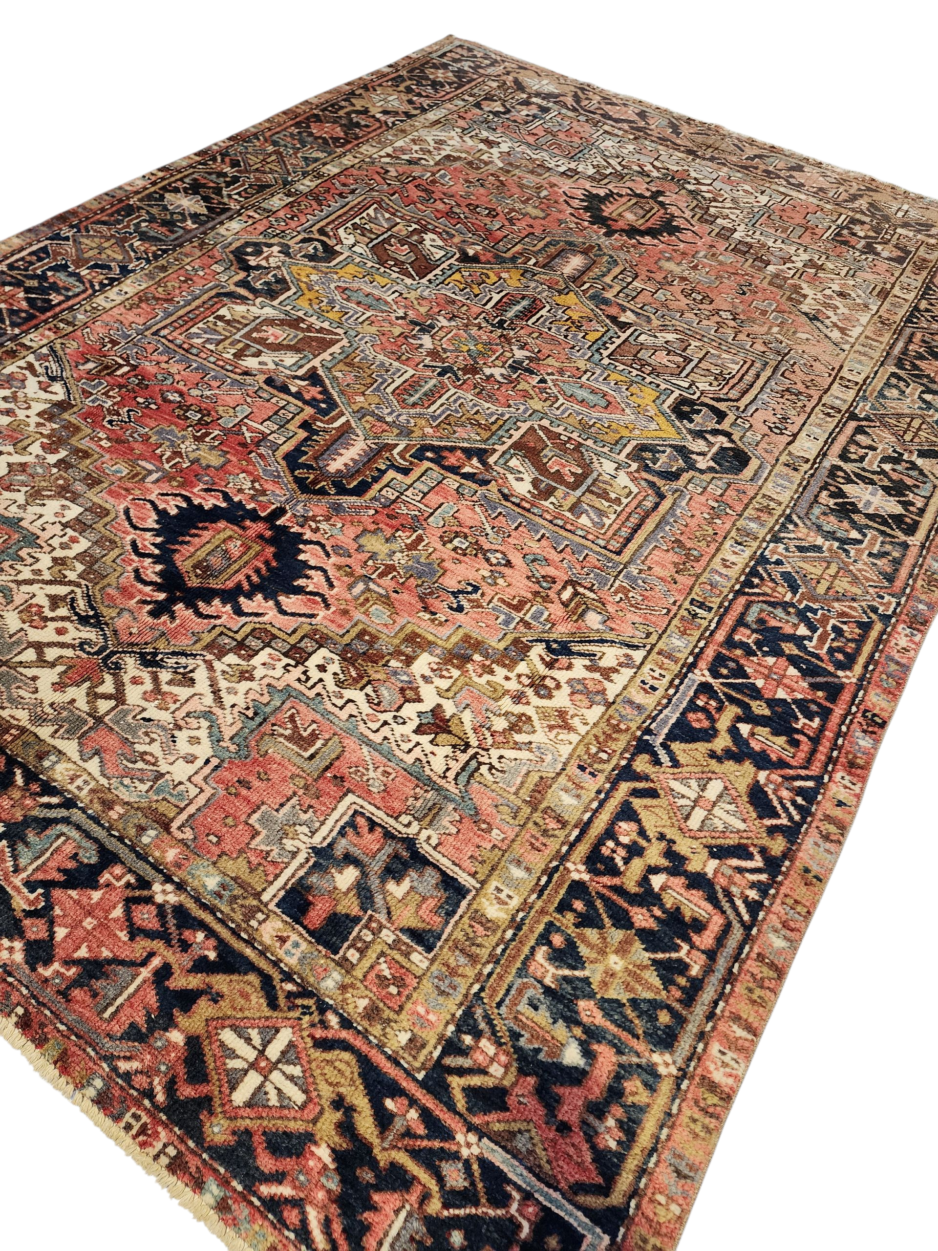 Vintage Persian Heriz Area Rug: Soft Red Oriental Design, 9'6'' x 6'9''