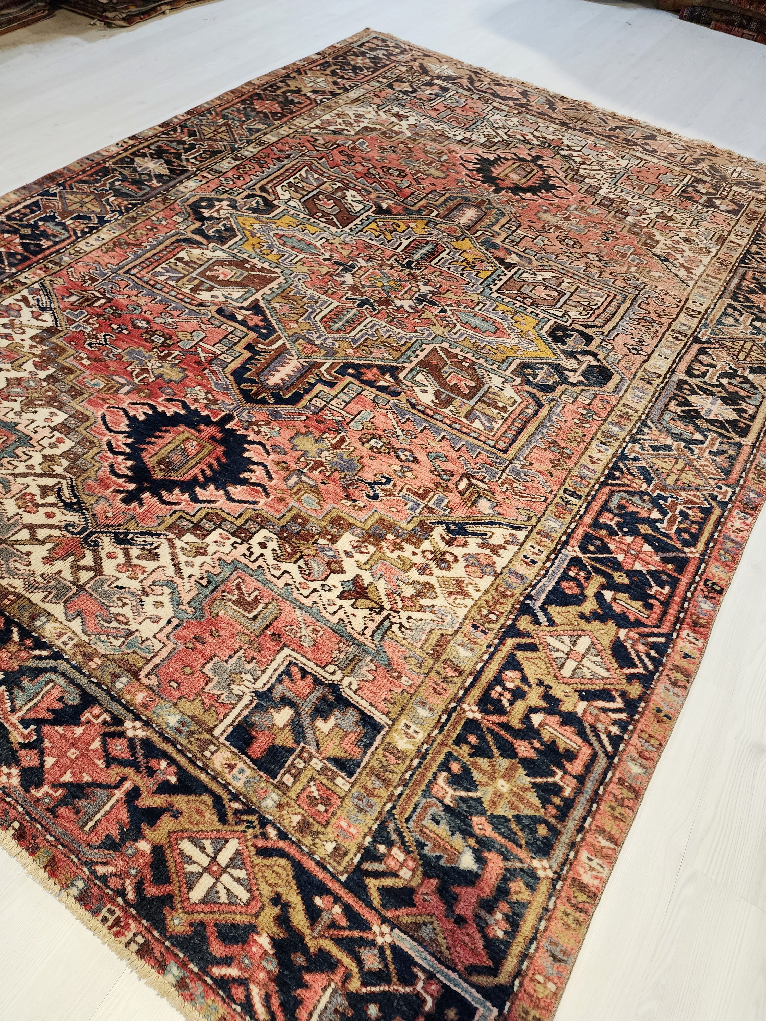 Vintage Persian Heriz Area Rug: Soft Red Oriental Design, 9'6'' x 6'9''