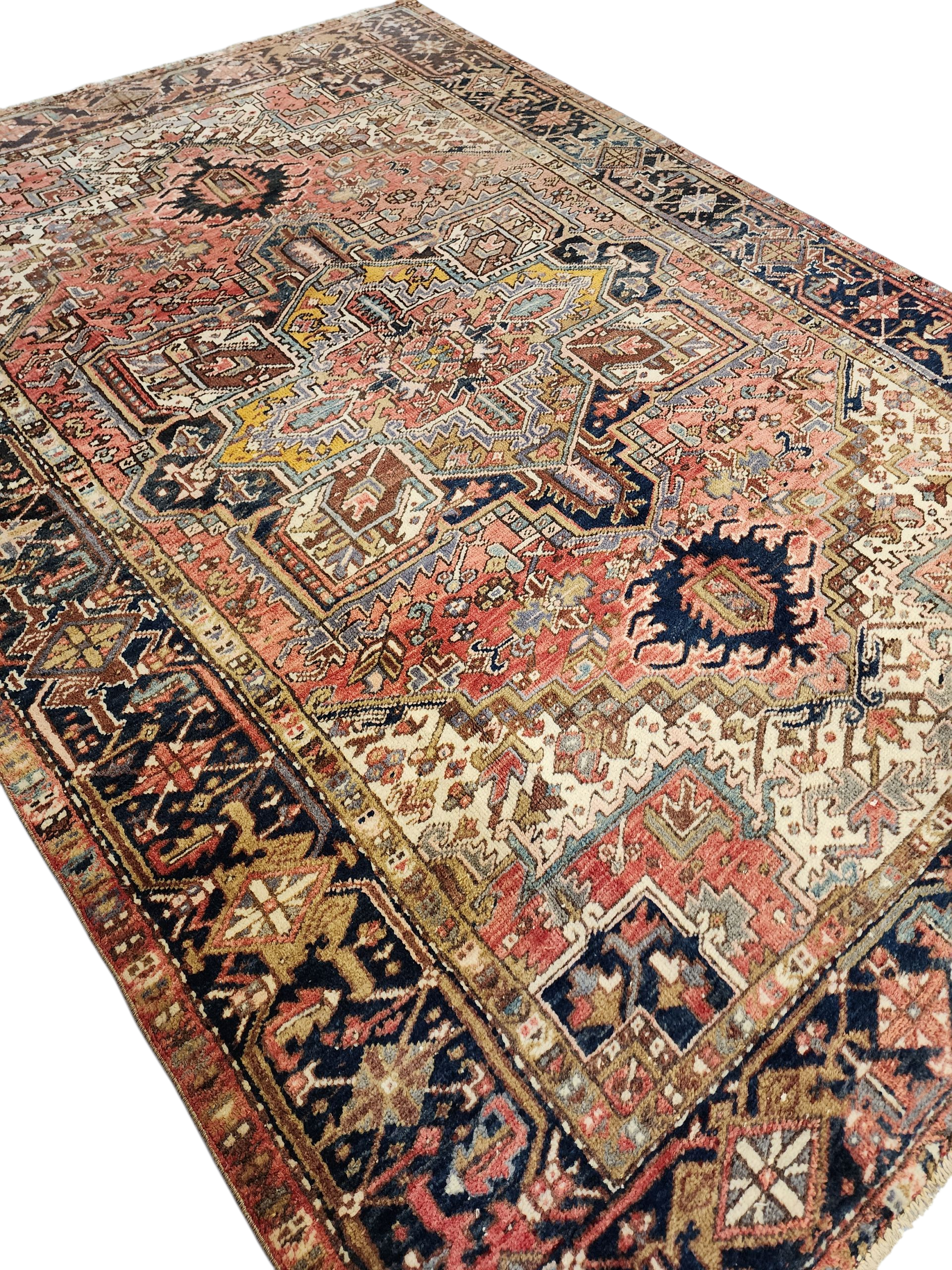 Vintage Persian Heriz Area Rug: Soft Red Oriental Design, 9'6'' x 6'9''