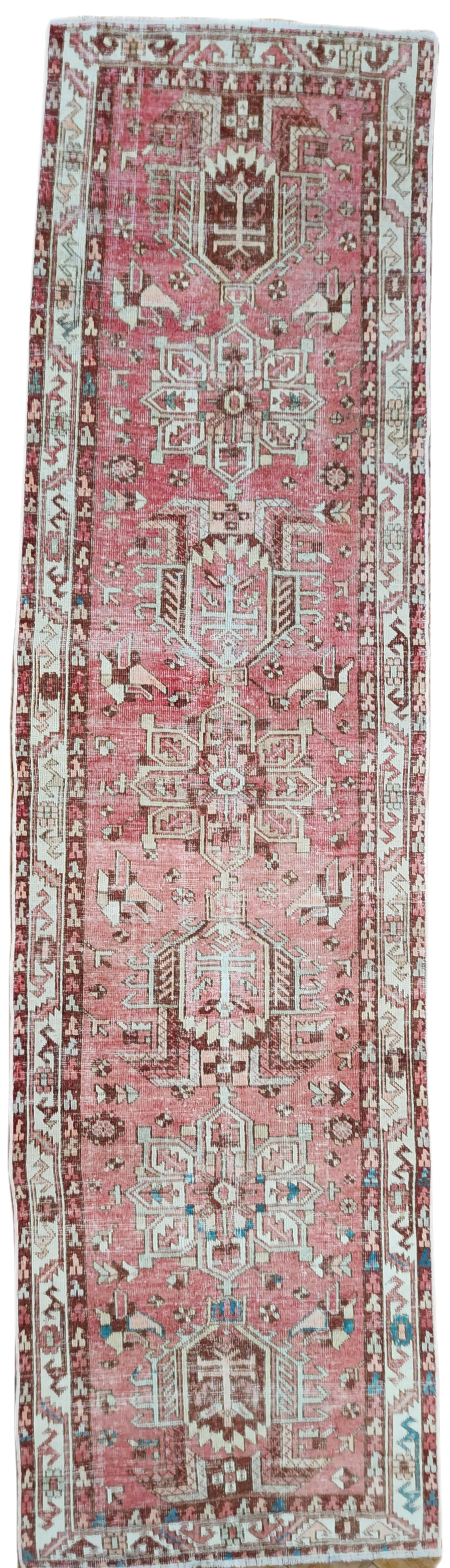 Pink and Beige Turkish Tribal Natural Wool Runner Rug, Persian Boho Rustic Decor Vintage Hallway Rug, Herke Recycled Berber Rug 12’6”x 3’4”