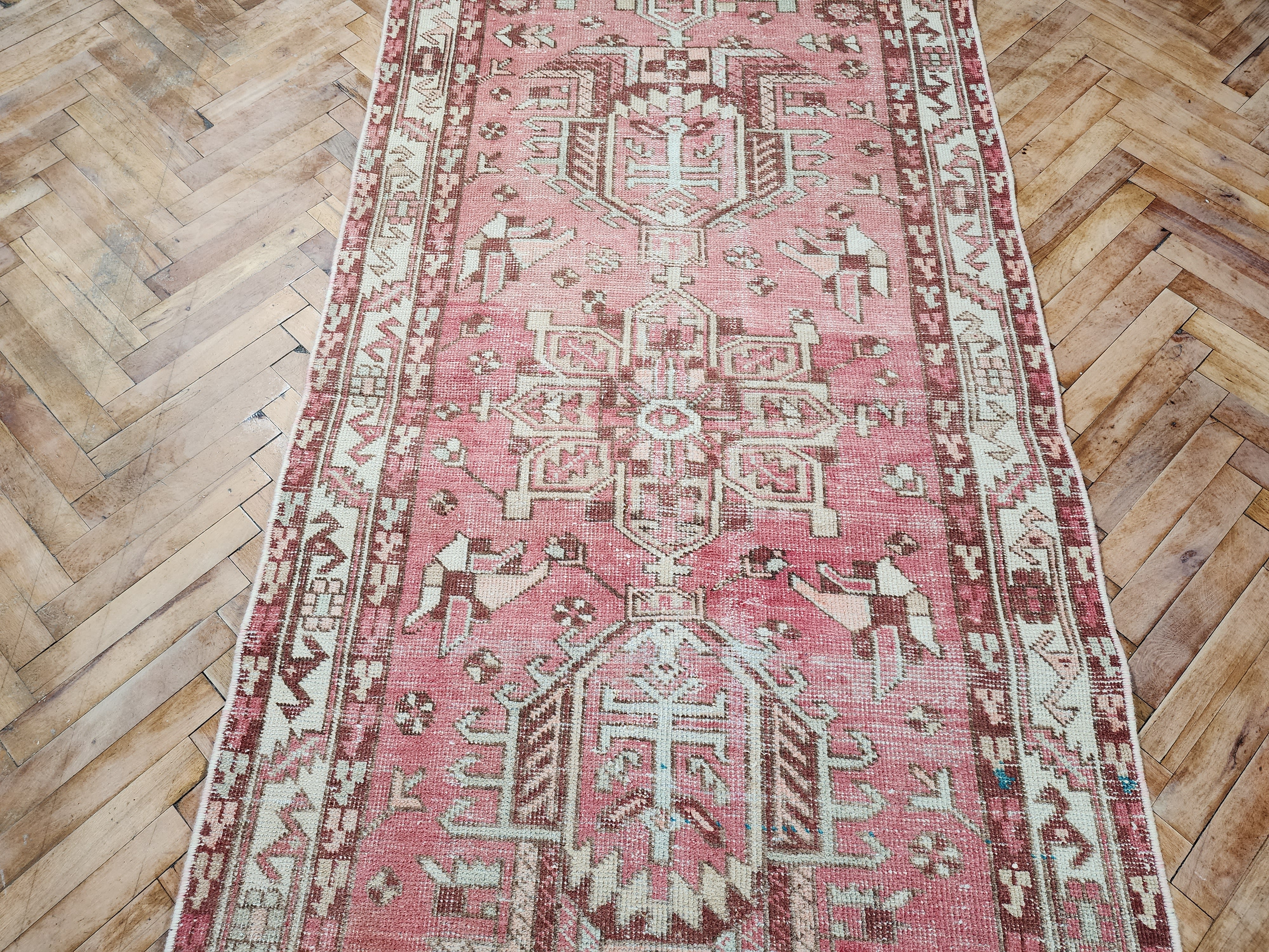 Pink and Beige Turkish Tribal Natural Wool Runner Rug, Persian Boho Rustic Decor Vintage Hallway Rug, Herke Recycled Berber Rug 12’6”x 3’4”
