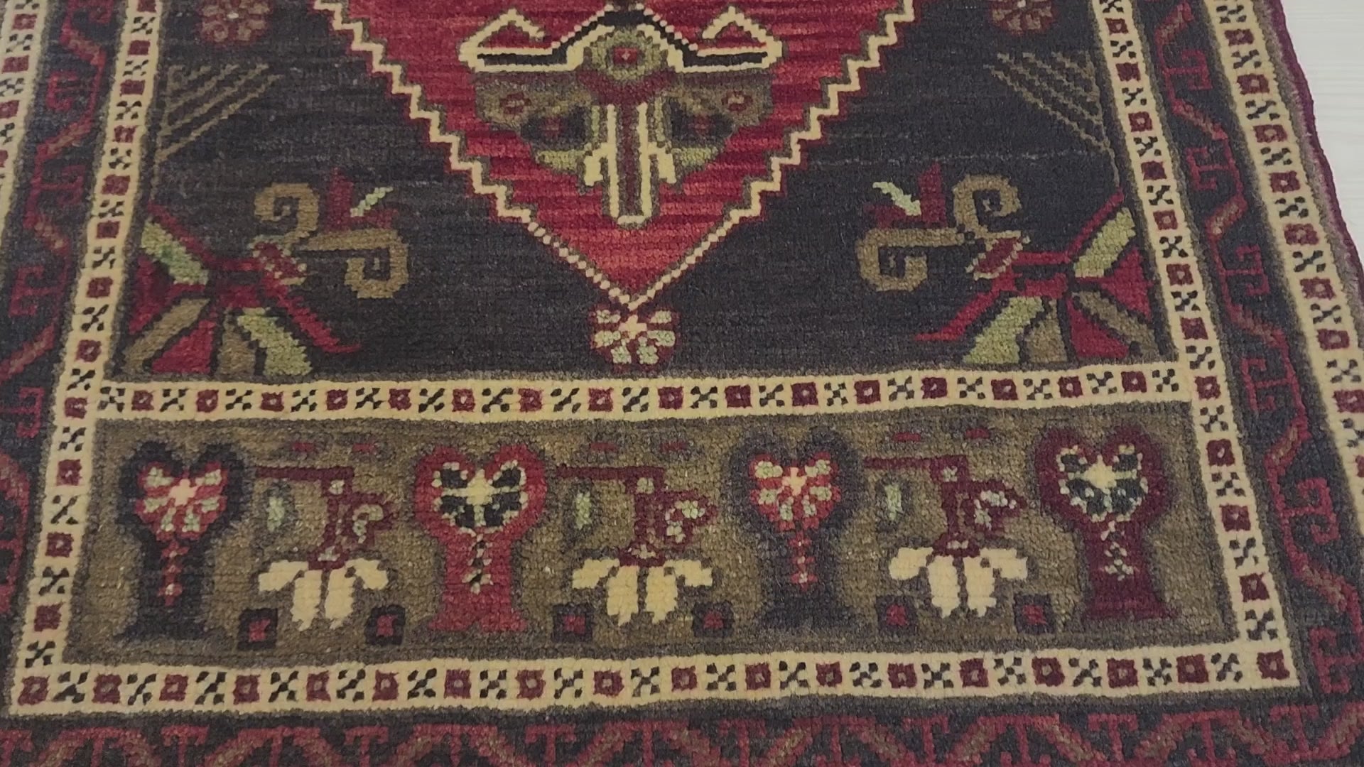 Vintage Konya rug in red, blue and brown, 1'9" x 3'7", video
