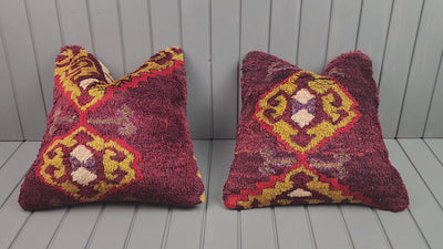 Antique Konya Tulu shaggy pillow covers, set of 2, burgundy and yellow, 16x16 in, video