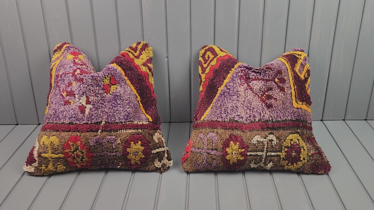 Antique Konya Tulu shaggy pillow covers, set of 2, purple and yellow, 16x16 in, video