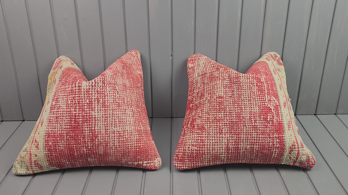 Antique Oushak rug pillow covers, set of 2, red and ivory, 16x16 in, video