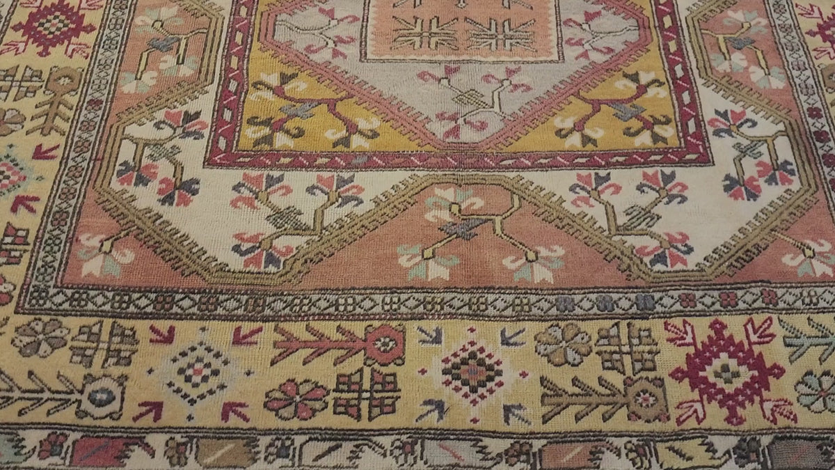 Vintage Karaova rug in beige, pink and yellow, 6'5" x 9'7", video