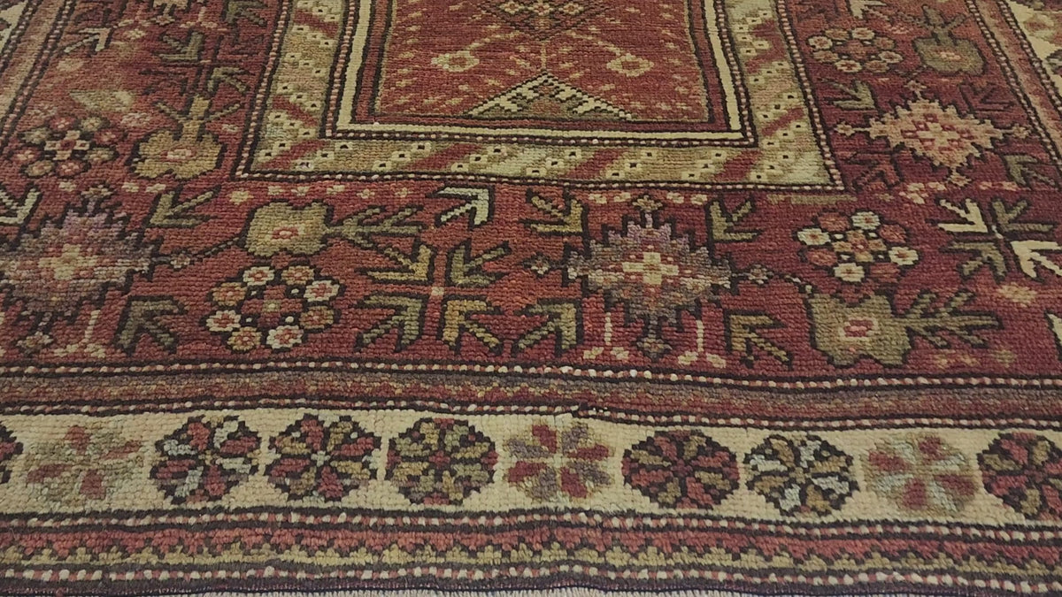 Antique Karaova prayer rug in red, brown and beige, 4'2" x 5'2", video