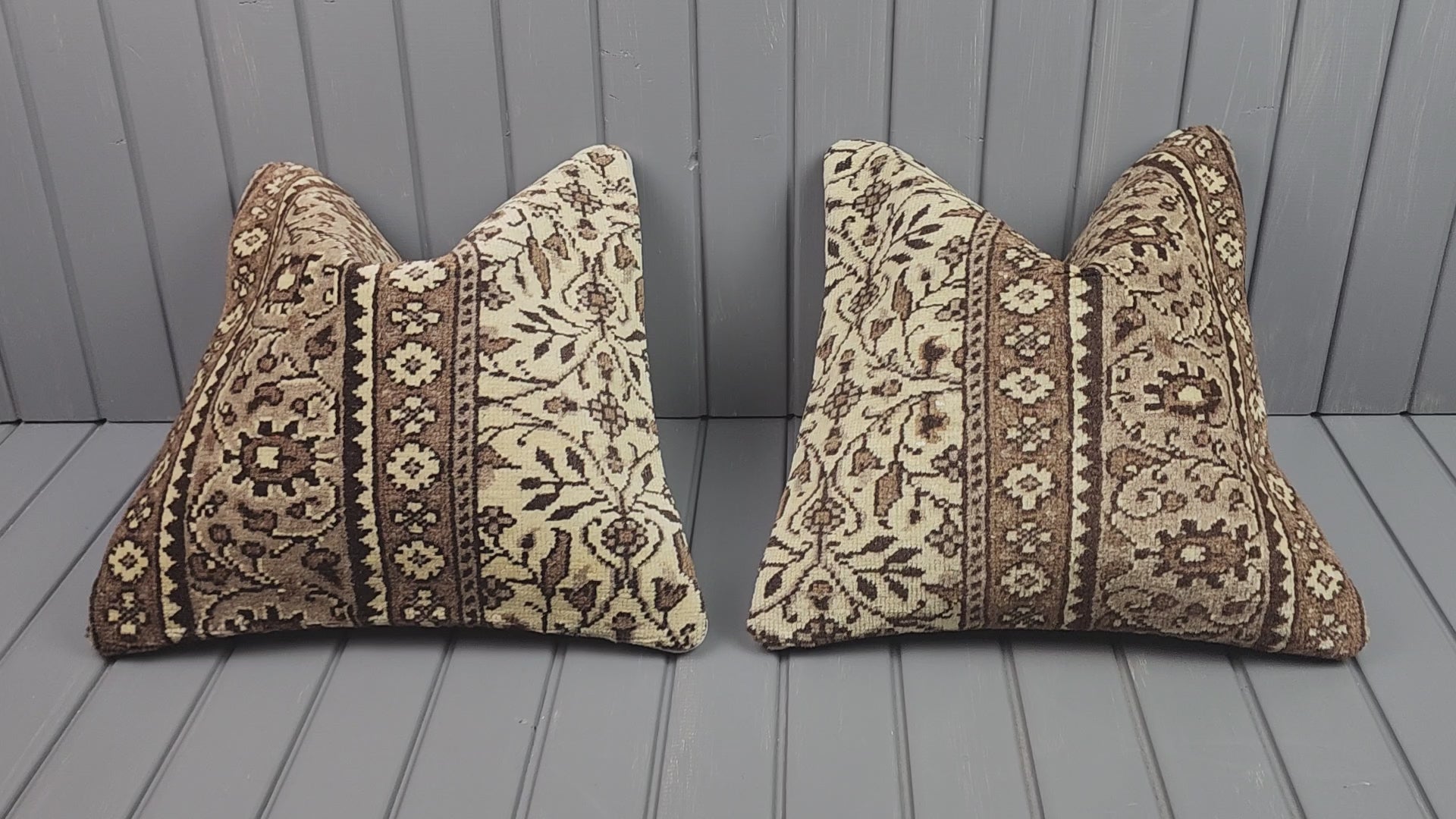 Vintage Turkish rug pillow covers, set of 2, ivory and brown, 16x16 in, video