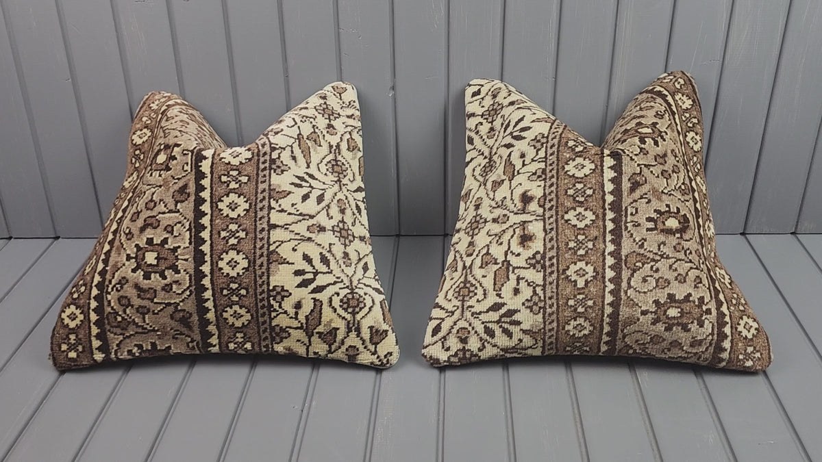 Vintage Turkish rug pillow covers, set of 2, ivory and brown, 16x16 in, video