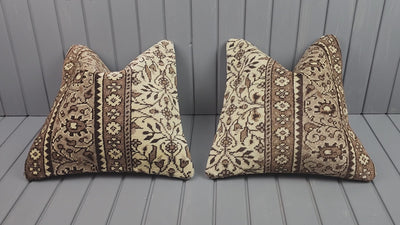 Vintage Turkish rug pillow covers, set of 2, ivory and brown, 16x16 in, video