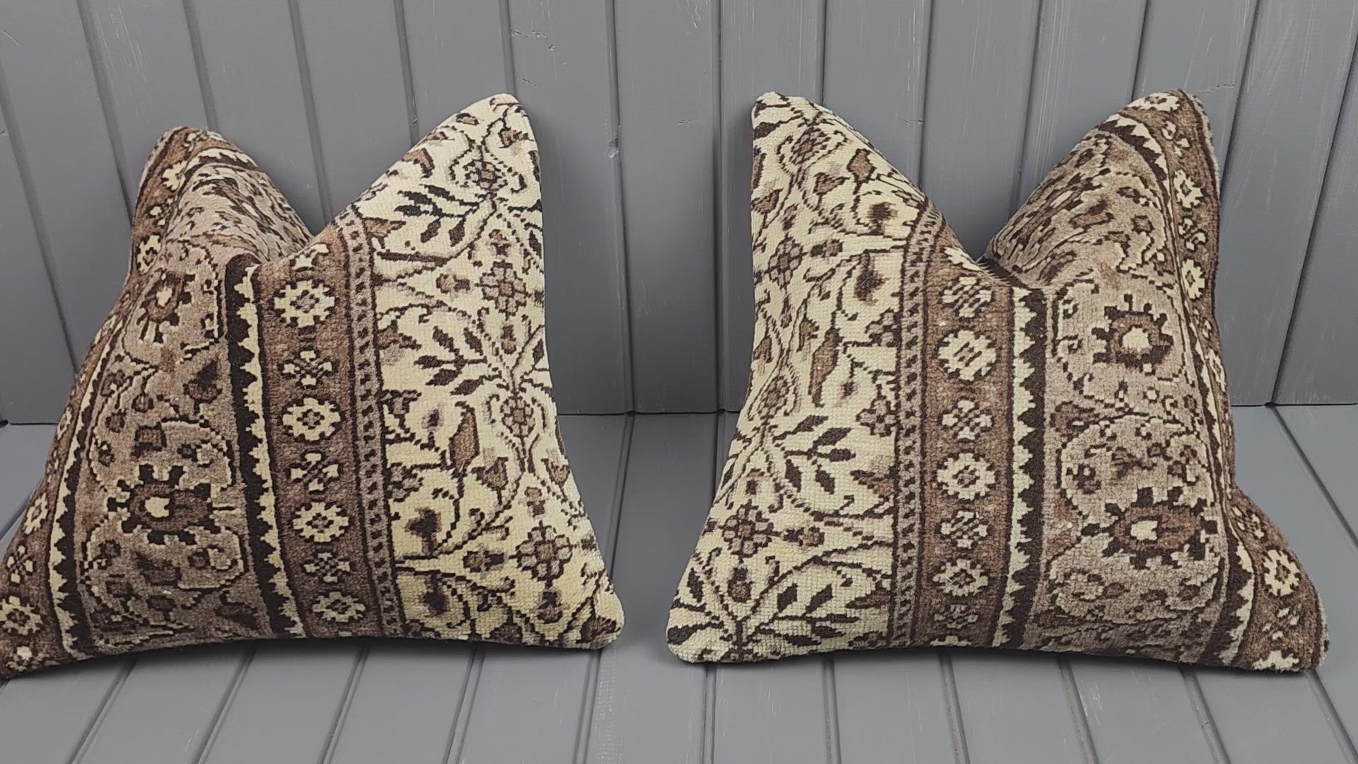 Vintage Turkish rug pillow covers, set of 2, ivory and brown, 16x16 in, video