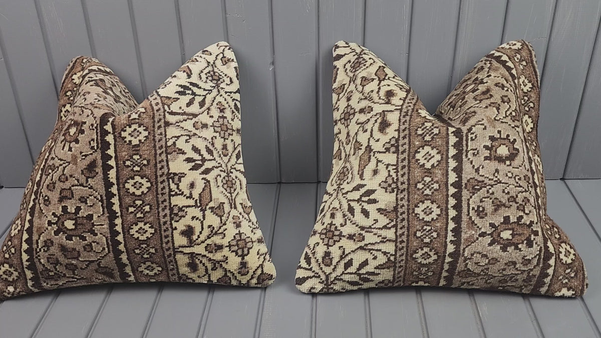 Vintage Turkish rug pillow covers, set of 2, ivory and brown, 16x16 in, video