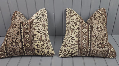 Vintage Turkish rug pillow covers, set of 2, ivory and brown, 16x16 in, video