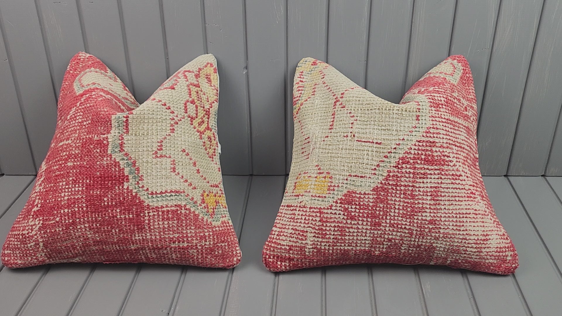 Antique Oushak rug pillow covers, set of 2, red and ivory, 16x16 in, video