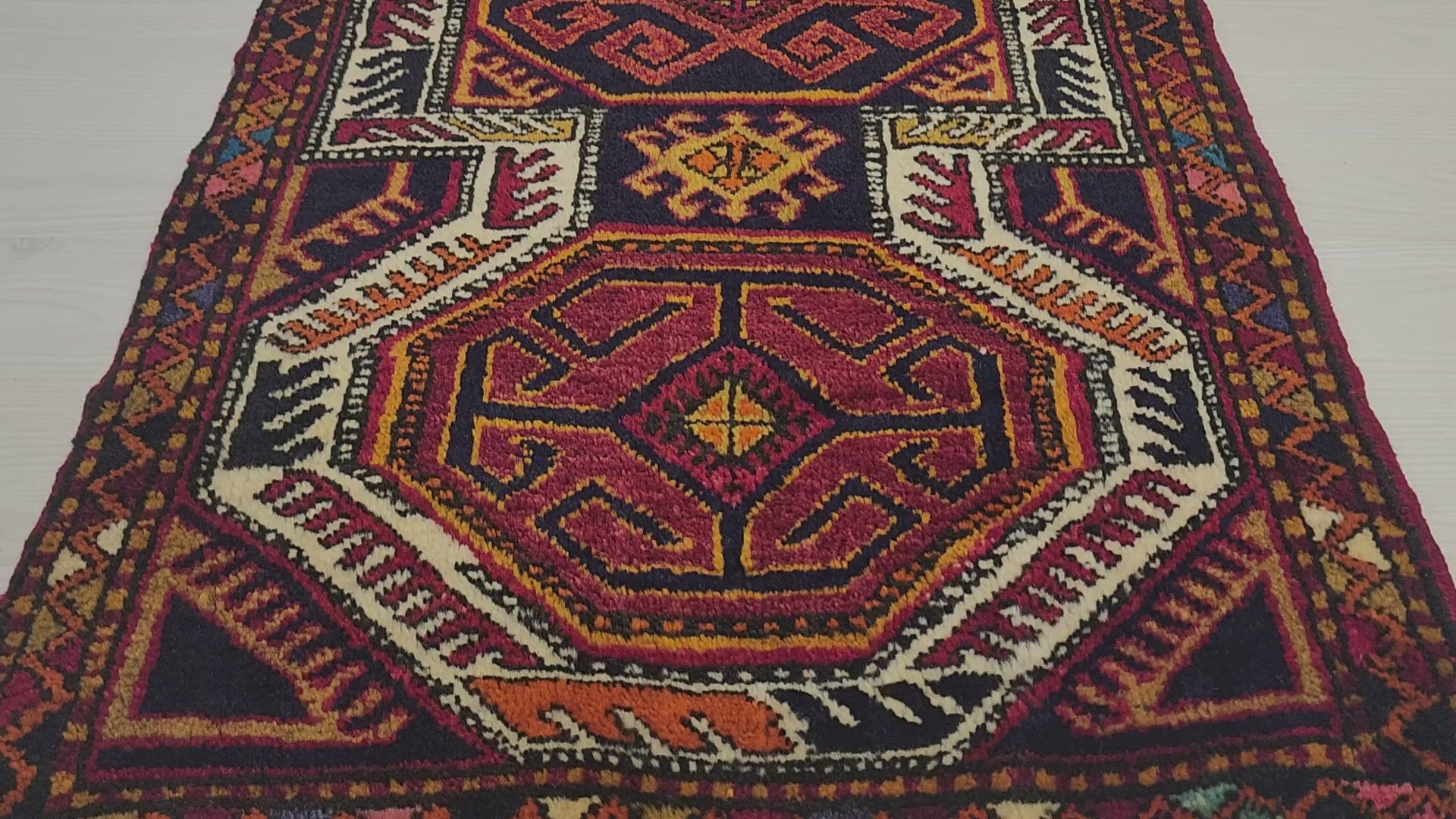 Vintage Yörük rug in red, blue and orange, 1'8" x 3'1", video