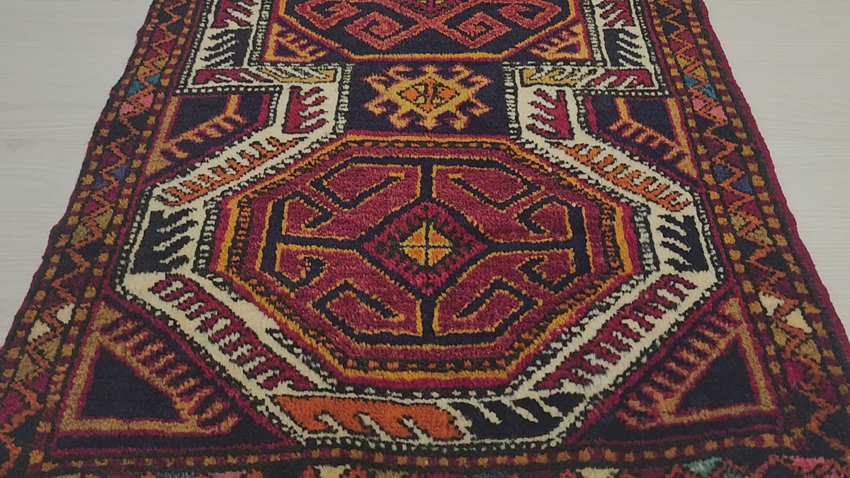 Vintage Yörük rug in red, blue and orange, 1'8" x 3'1", video