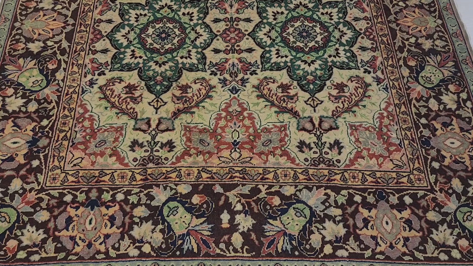 Vintage Anatolian floral rug in beige, brown and green, 4'11" x 7'1", video