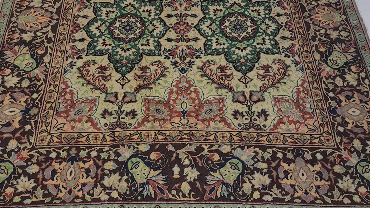 Vintage Anatolian floral rug in beige, brown and green, 4'11" x 7'1", video
