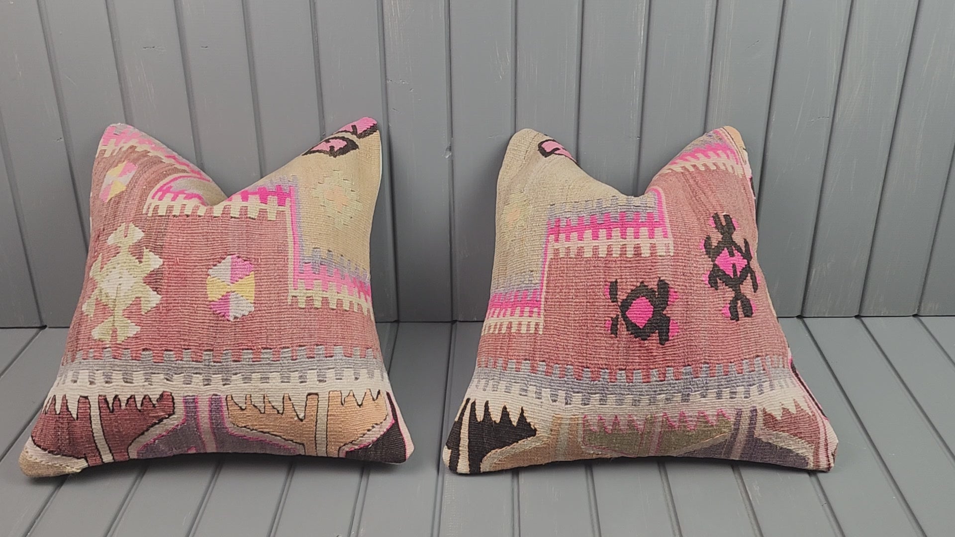 Vintage Turkish kilim pillow covers, set of 2, pink, 16x16 in, video