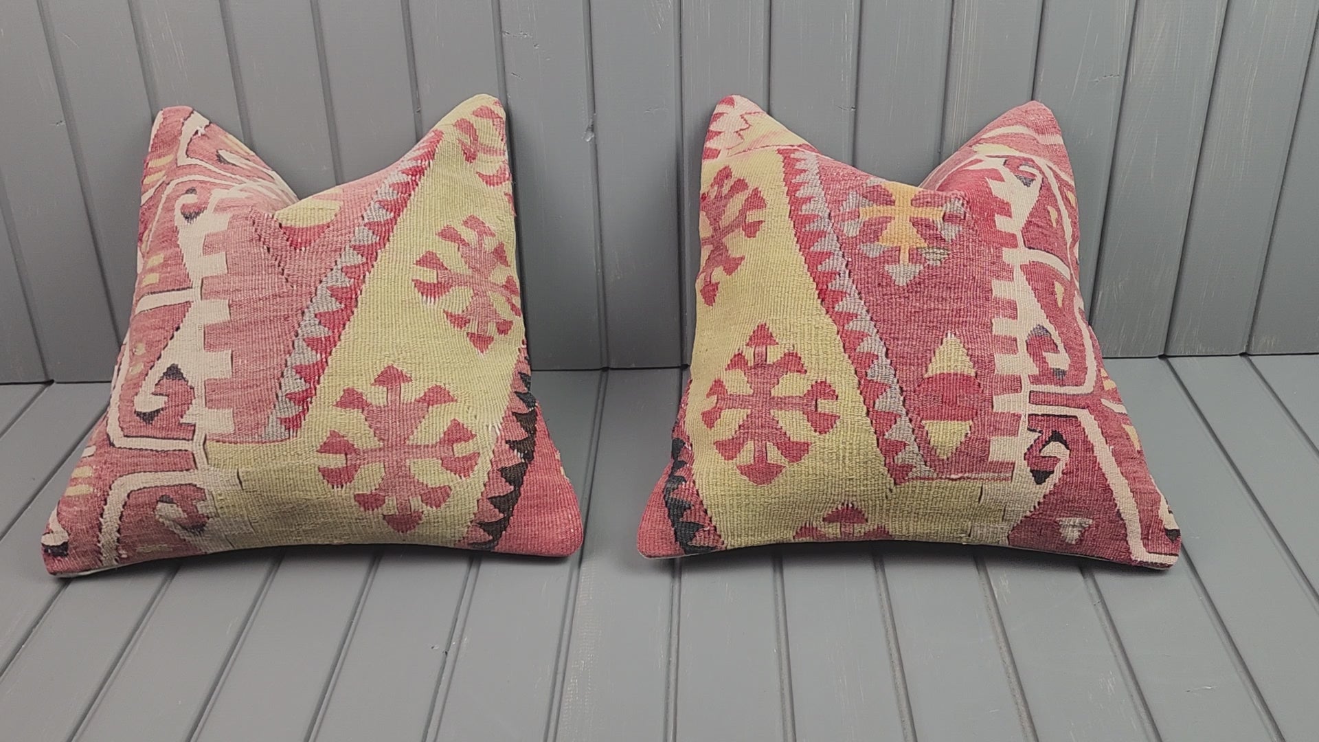 Vintage Turkish kilim pillow covers, set of 2, pink and yellow, 16x16 in, video