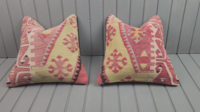 Vintage Turkish kilim pillow covers, set of 2, pink and yellow, 16x16 in, video