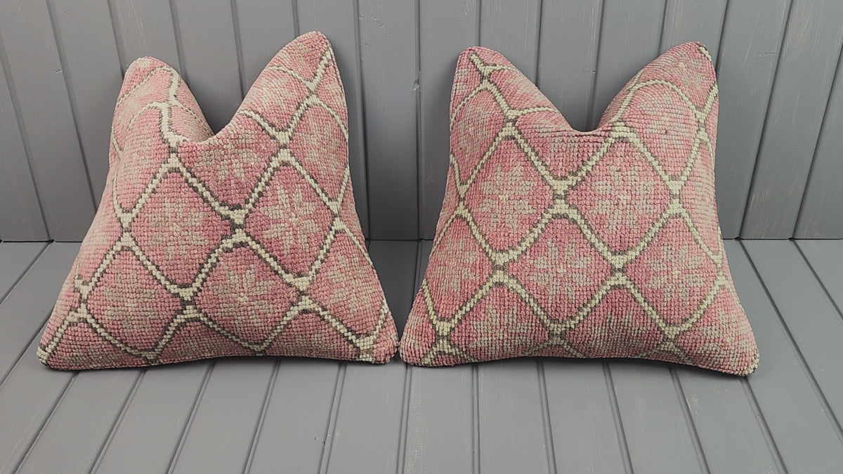 Vintage Oushak rug pillow covers, set of 2, pink, 16x16 in, video
