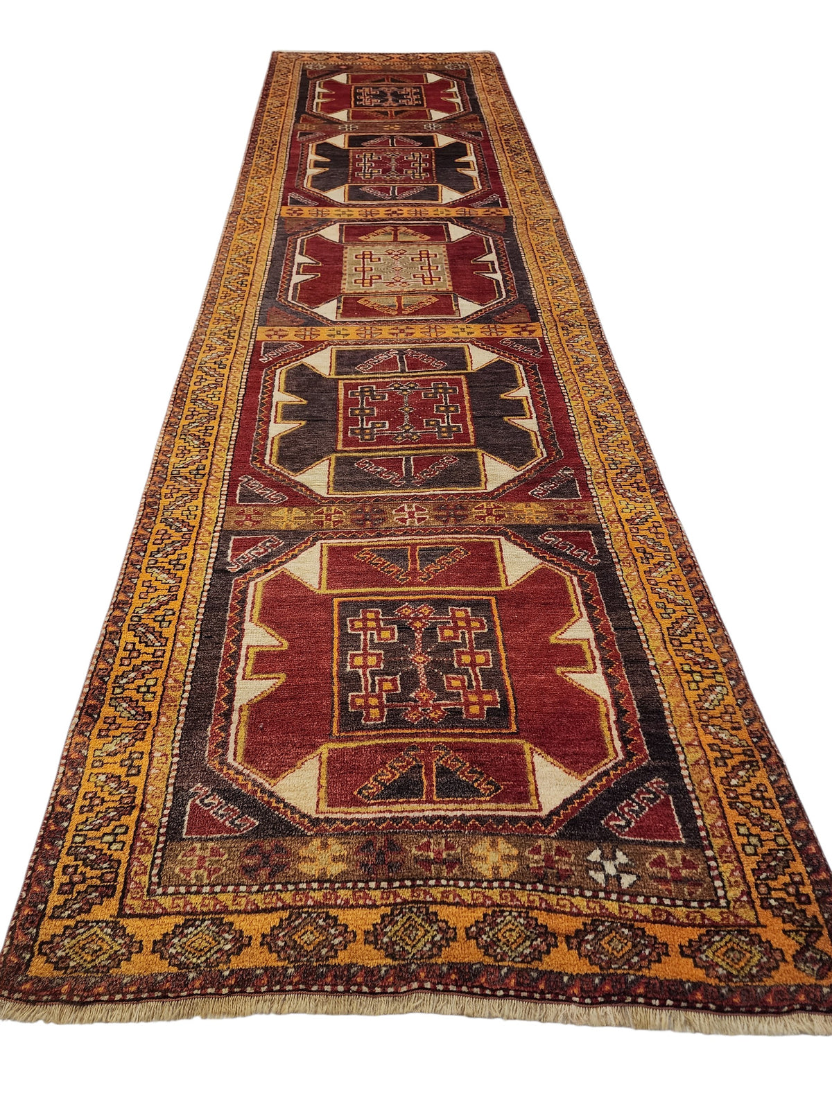 Pelopia — Vintage Red Turkish Runner Rug, Geometric Anatolian Wool, Tribal Hallway Carpet