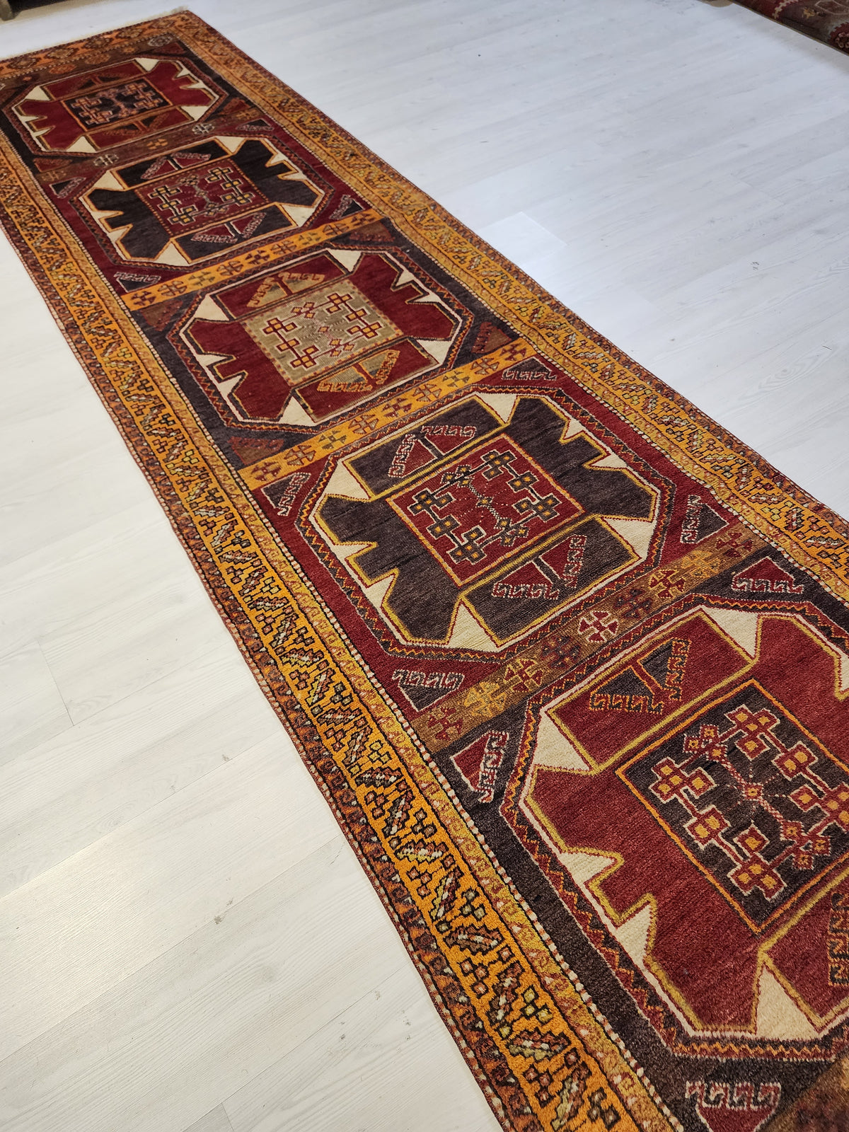 Pelopia — Vintage Red Turkish Runner Rug, Geometric Anatolian Wool, Tribal Hallway Carpet