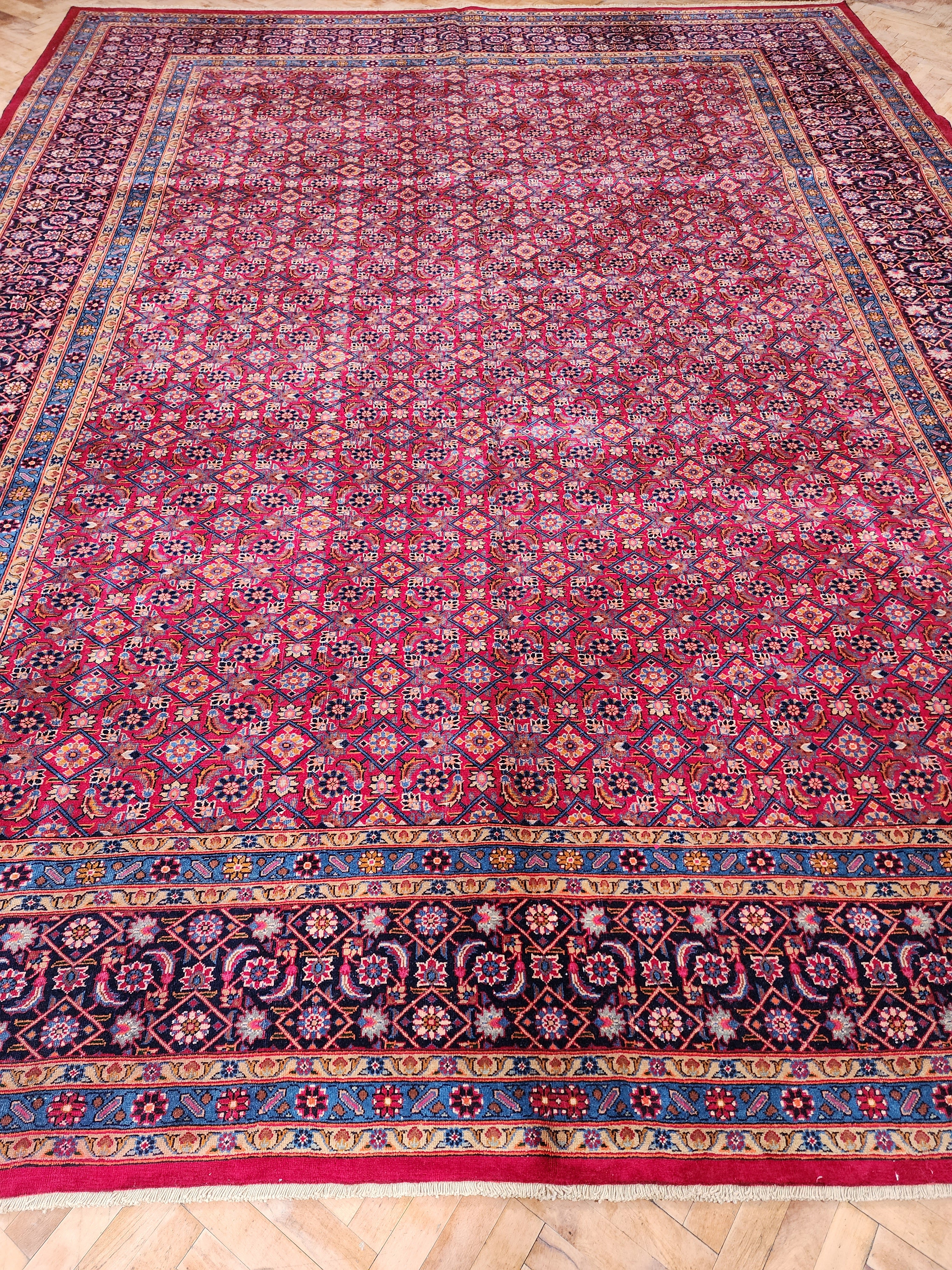 Red and Blue Persian Area Rug, 10 x 13 ft Vintage Turkish Tribal Organic Wool Rug, Recycled Oriental Design Rustic Floor Rug