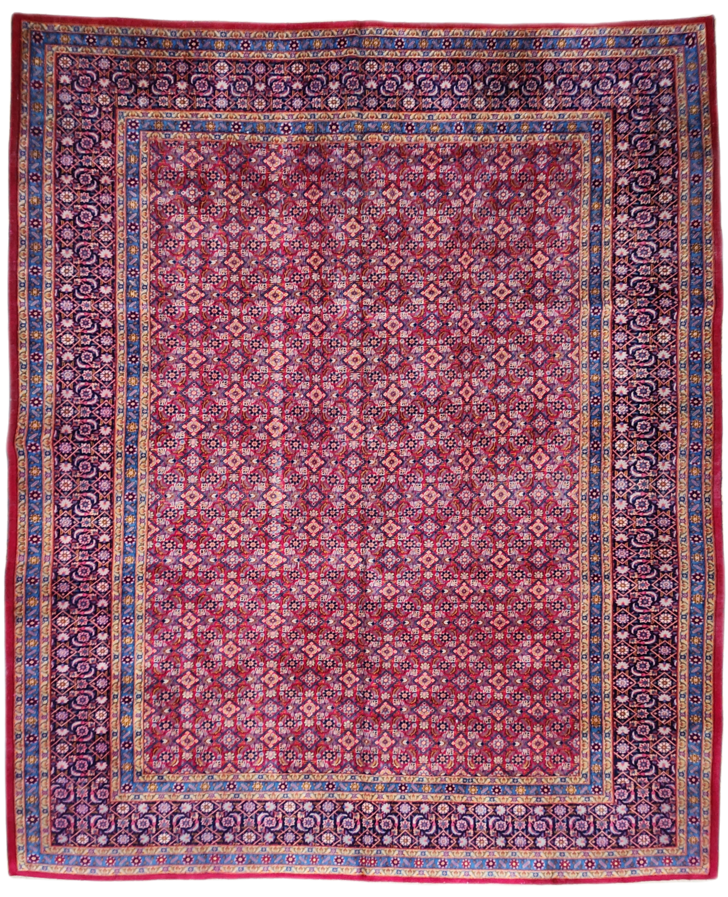 Red and Blue Persian Area Rug, 10 x 13 ft Vintage Turkish Tribal Organic Wool Rug, Recycled Oriental Design Rustic Floor Rug