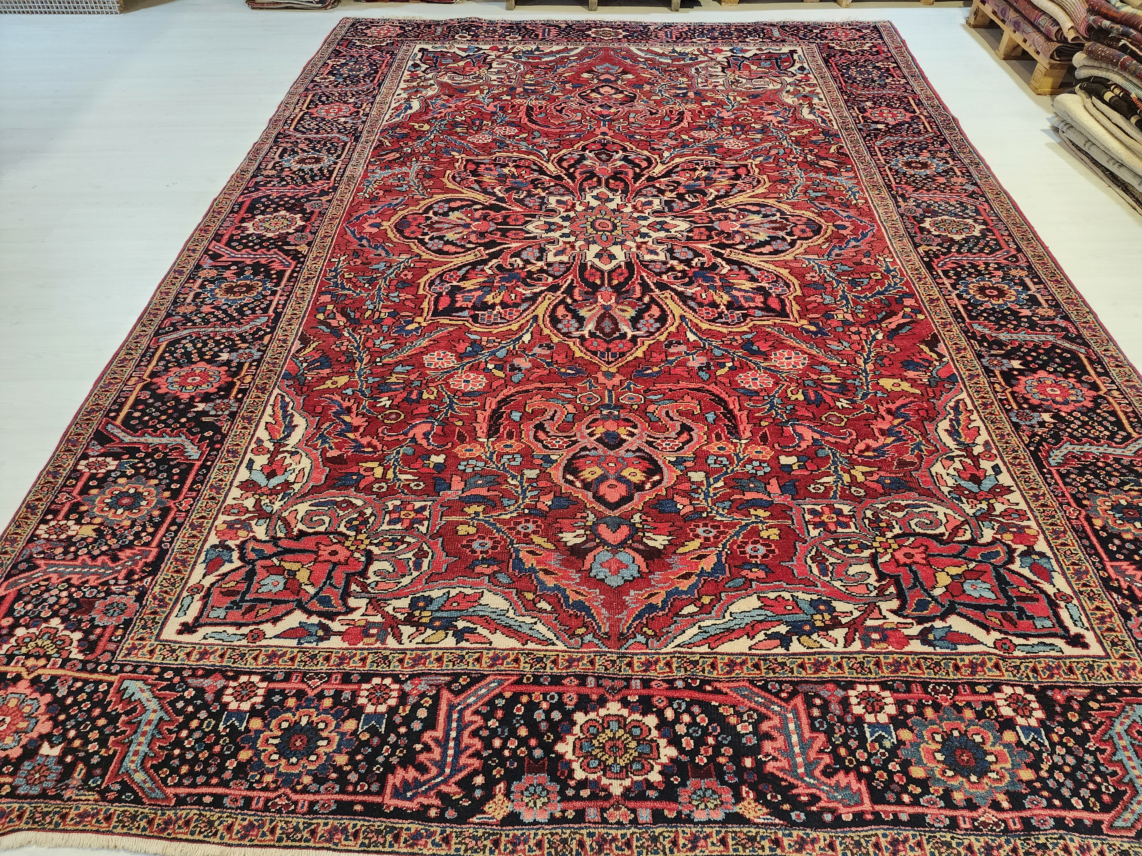 Extra Large Vintage Rug: 9x12 Red, Blue, and White Wool Rug