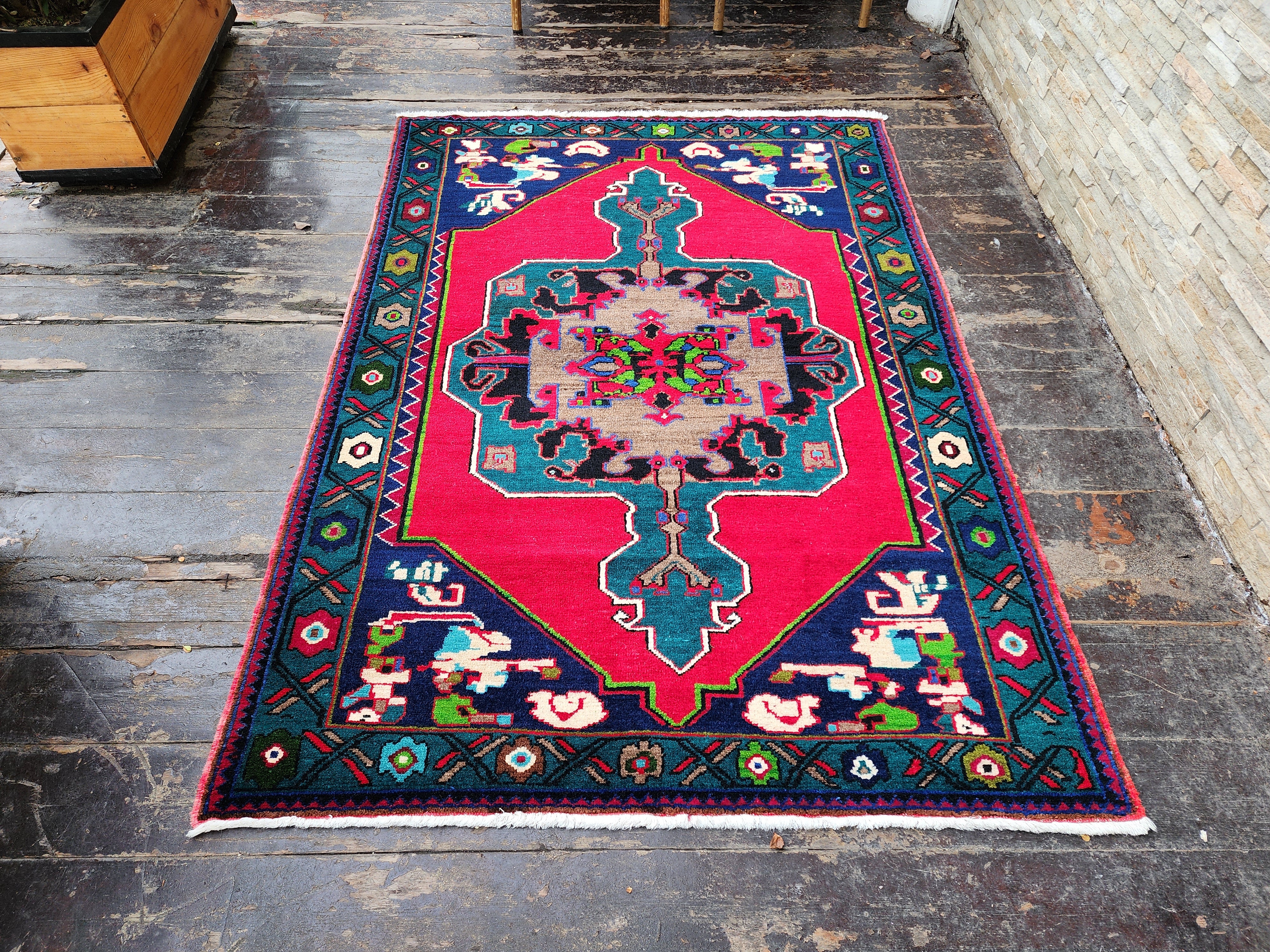 Turkish Rug 4 x 6 ft Denizli Cal Vintage Tribal Nomadic Red Green and Brown Rustic Rug, Handmade Natural Wool Boho Moroccan Persian Area Rug