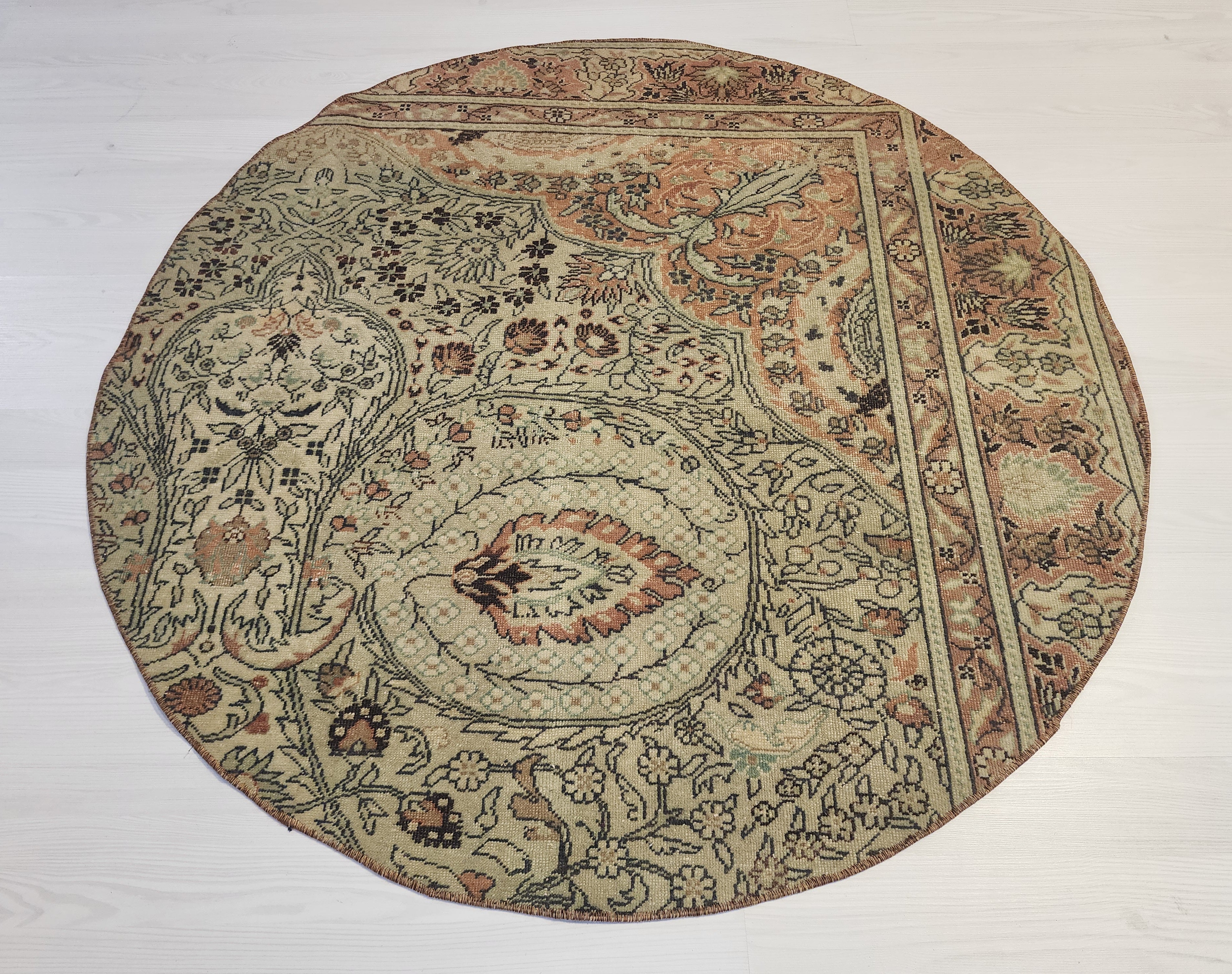 Vintage Turkish Round Rug, Muted Terracotta Sage Boho Accent Carpet