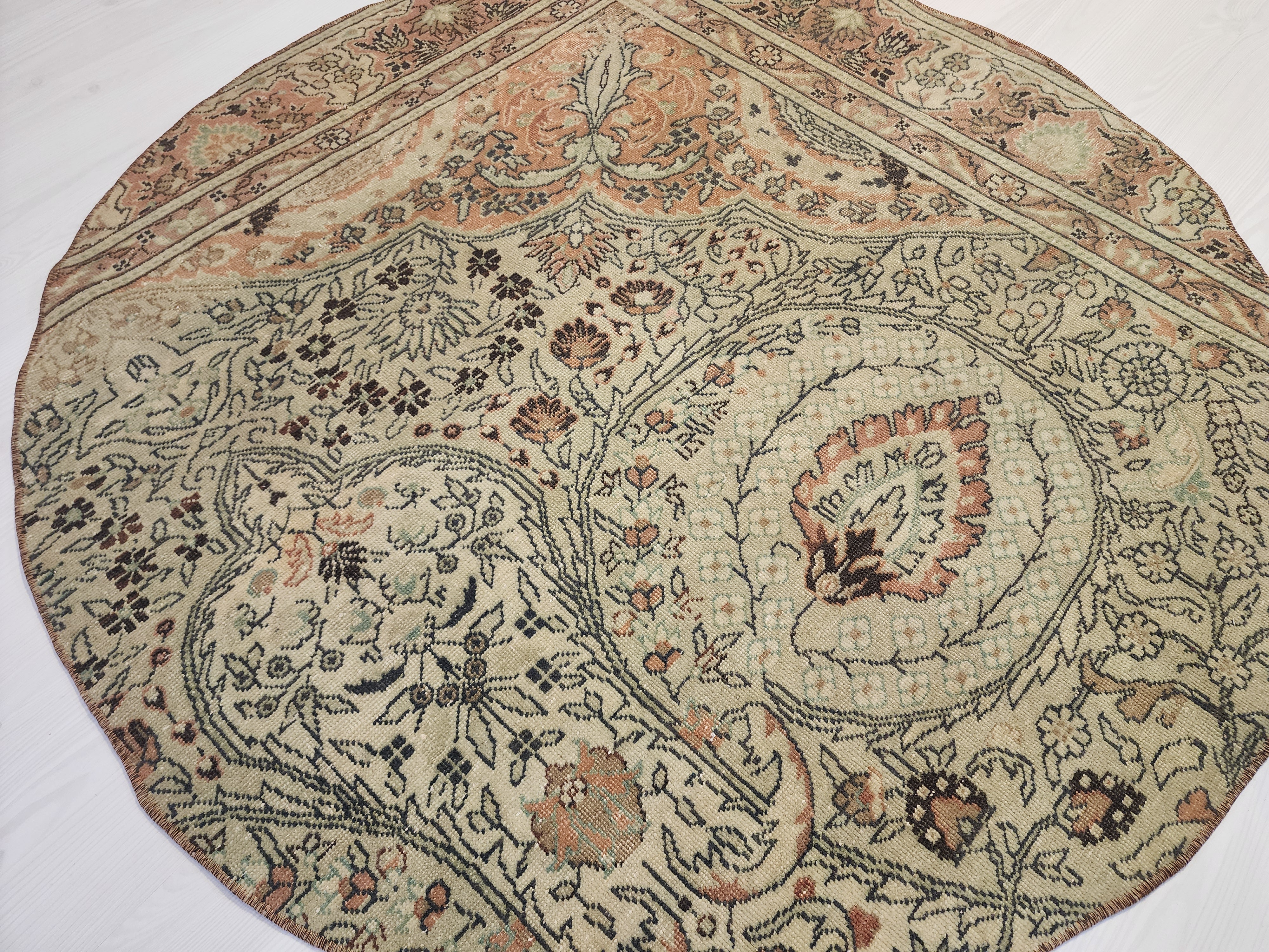 Vintage Turkish Round Rug, Muted Terracotta Sage Boho Accent Carpet