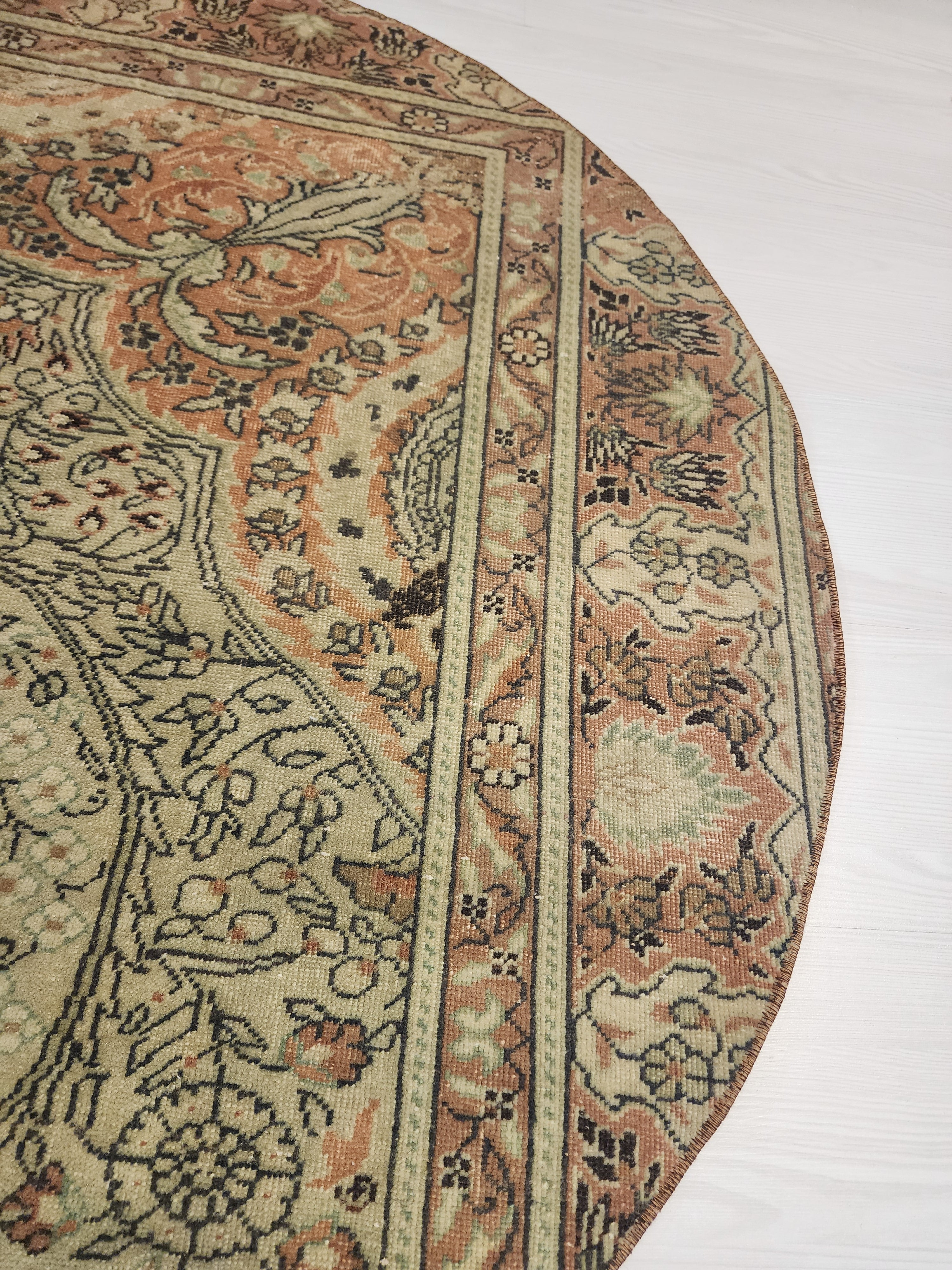 Vintage Turkish Round Rug, Muted Terracotta Sage Boho Accent Carpet