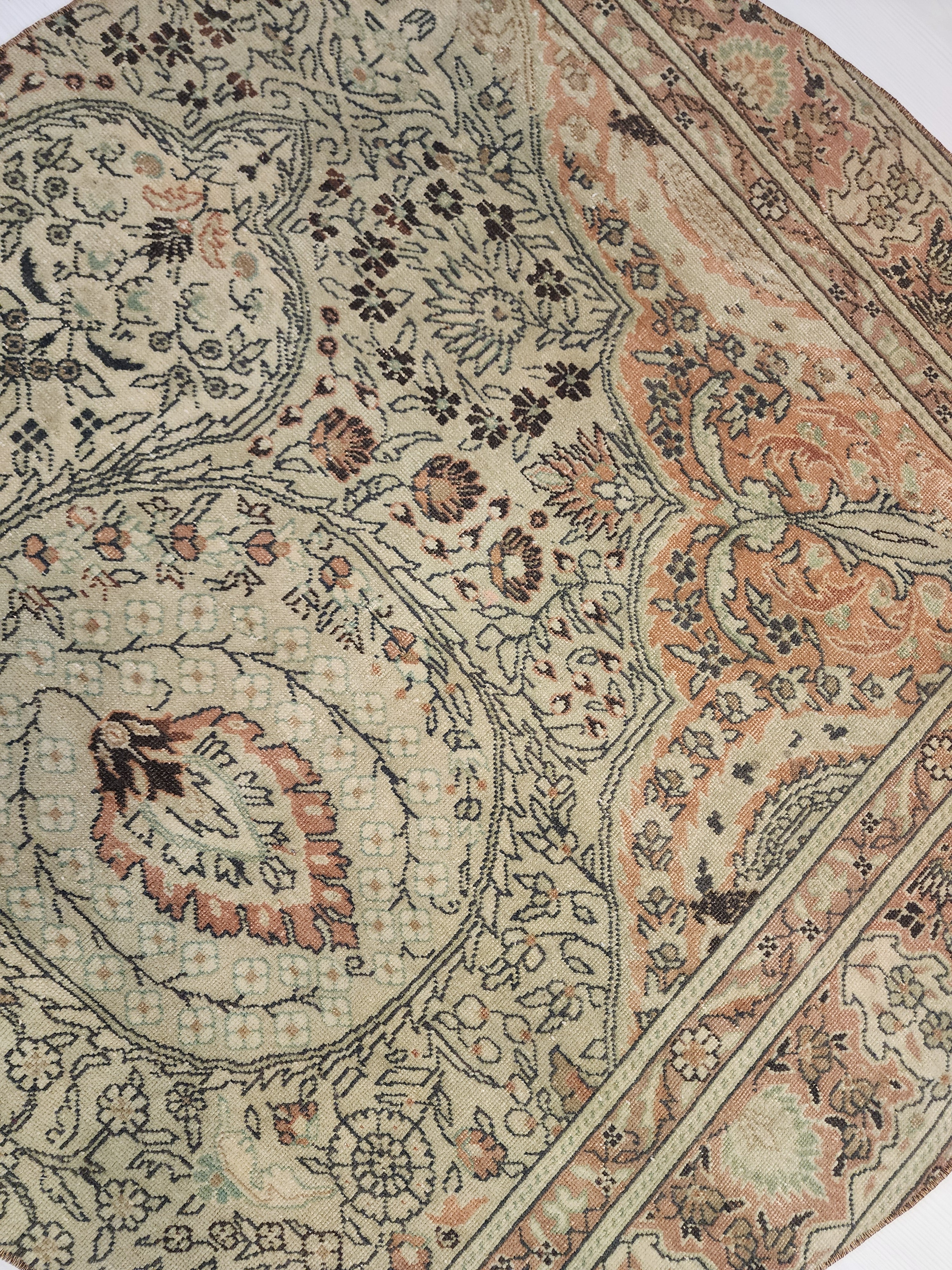 Vintage Turkish Round Rug, Muted Terracotta Sage Boho Accent Carpet