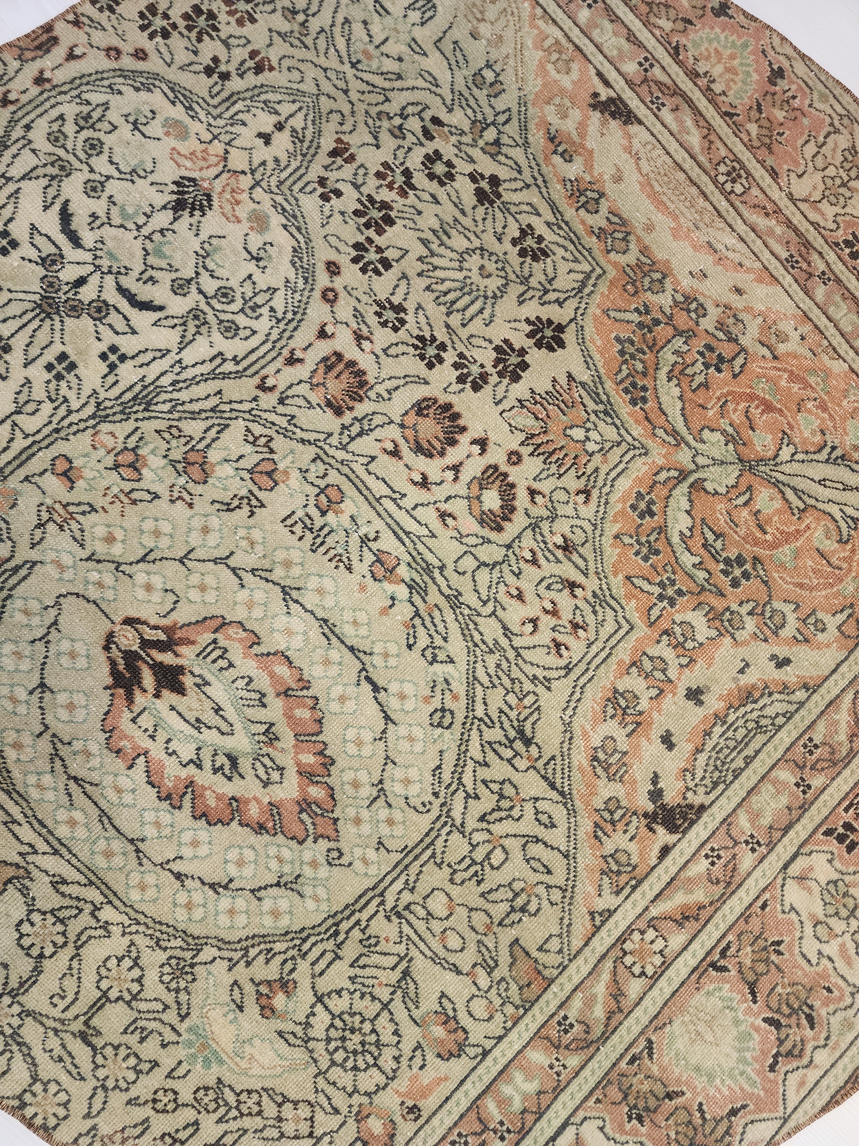 Vintage Turkish Round Rug, Muted Terracotta Sage Boho Accent Carpet