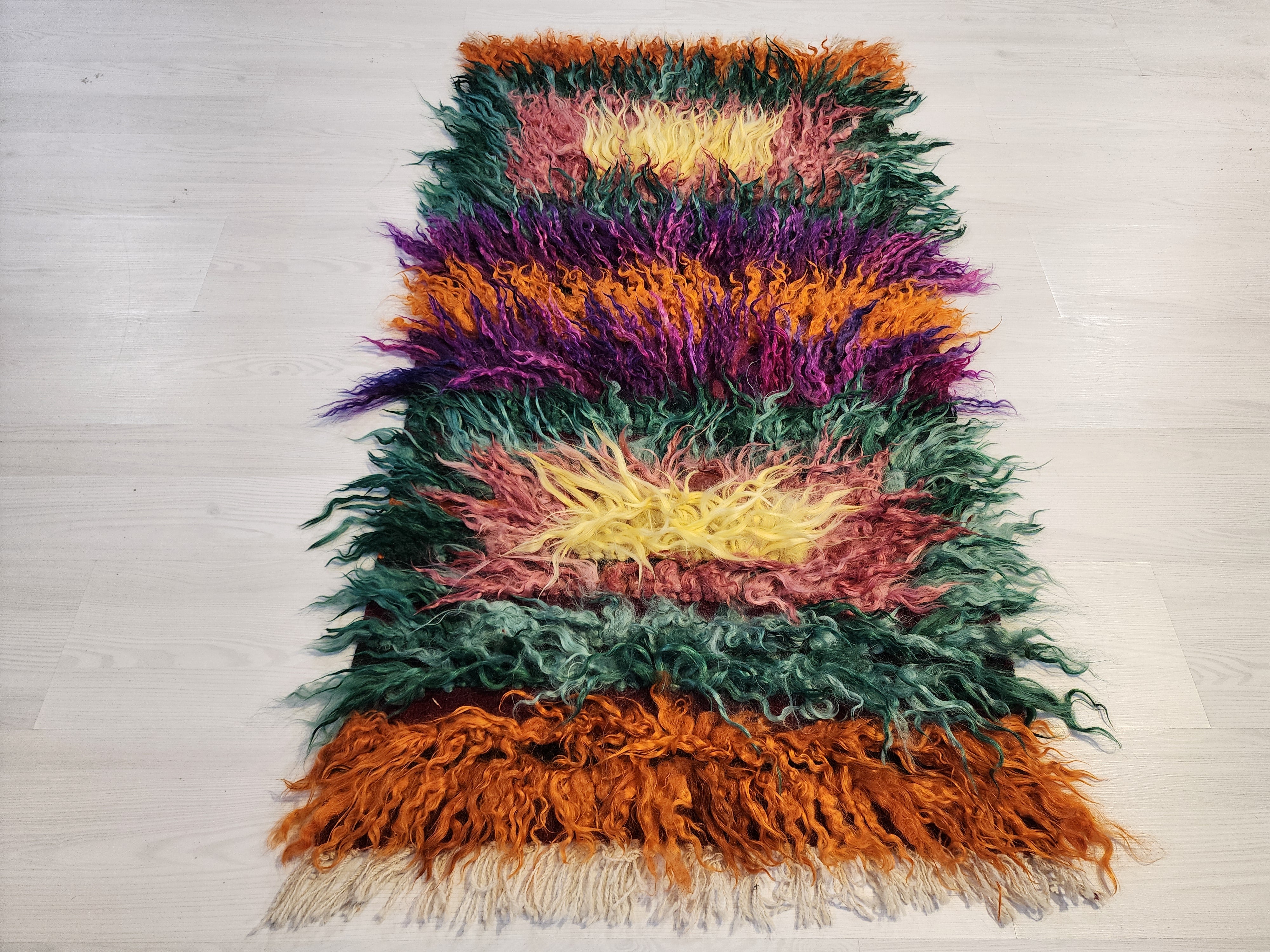 Cyane — Turkish Tulu Rug: 4'4''x2'4'' Shaggy Wool Flokati, Green Orange and Purple
