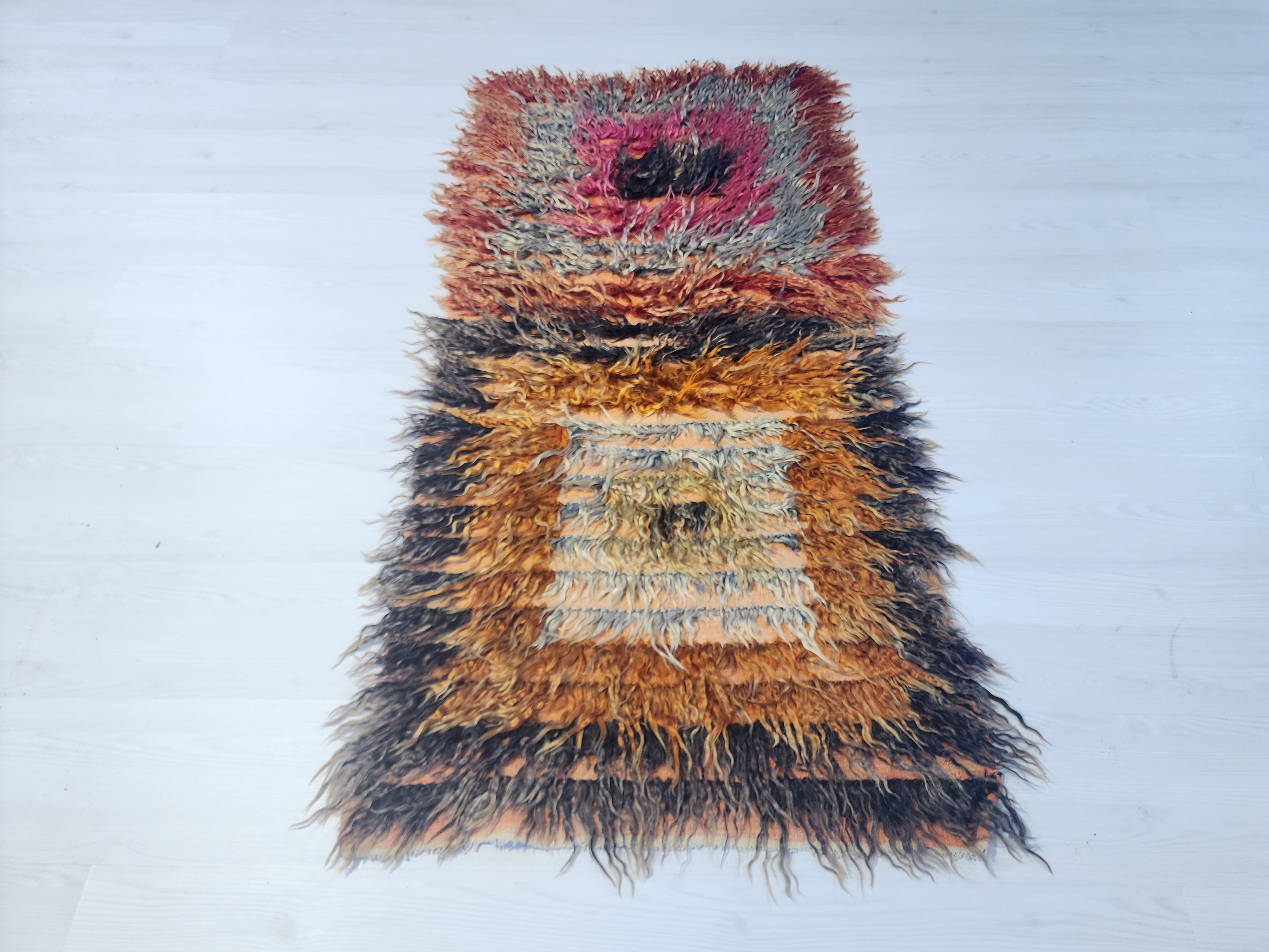 Hagno — Handmade Vintage Wool Tribal Runner Rug, Red Blue Turkish Boho Carpet, 2x7