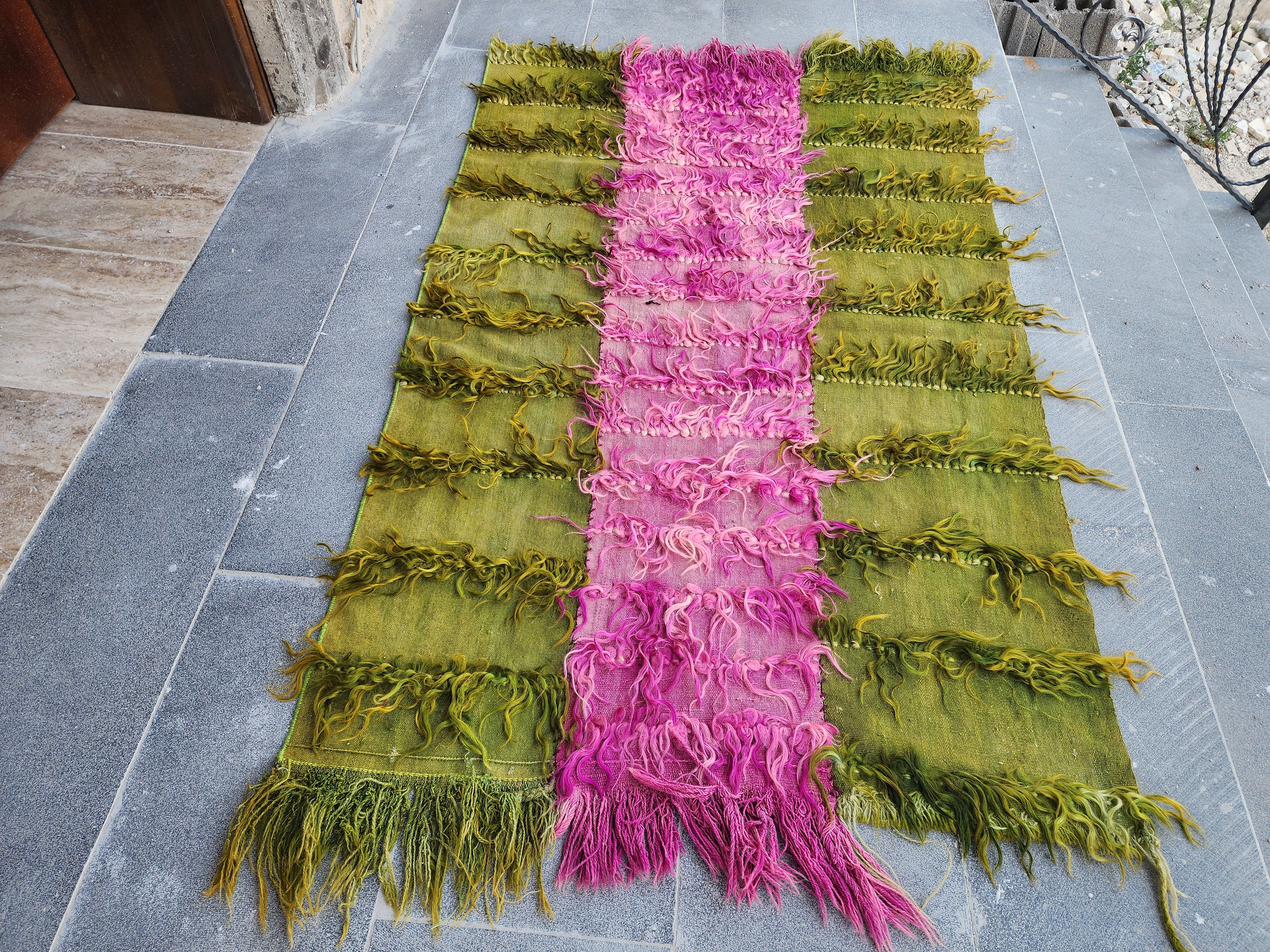 Turkish Filikli Tulu Rug: Green & Purple Shaggy Kilim, 5x3 ft