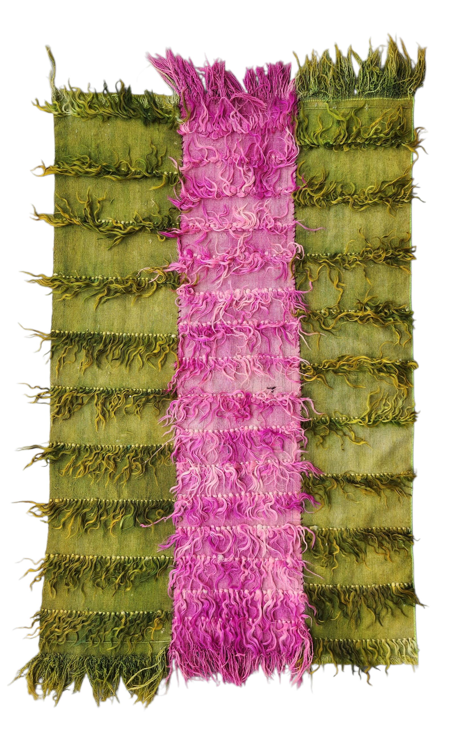 Turkish Filikli Tulu Rug: Green & Purple Shaggy Kilim, 5x3 ft
