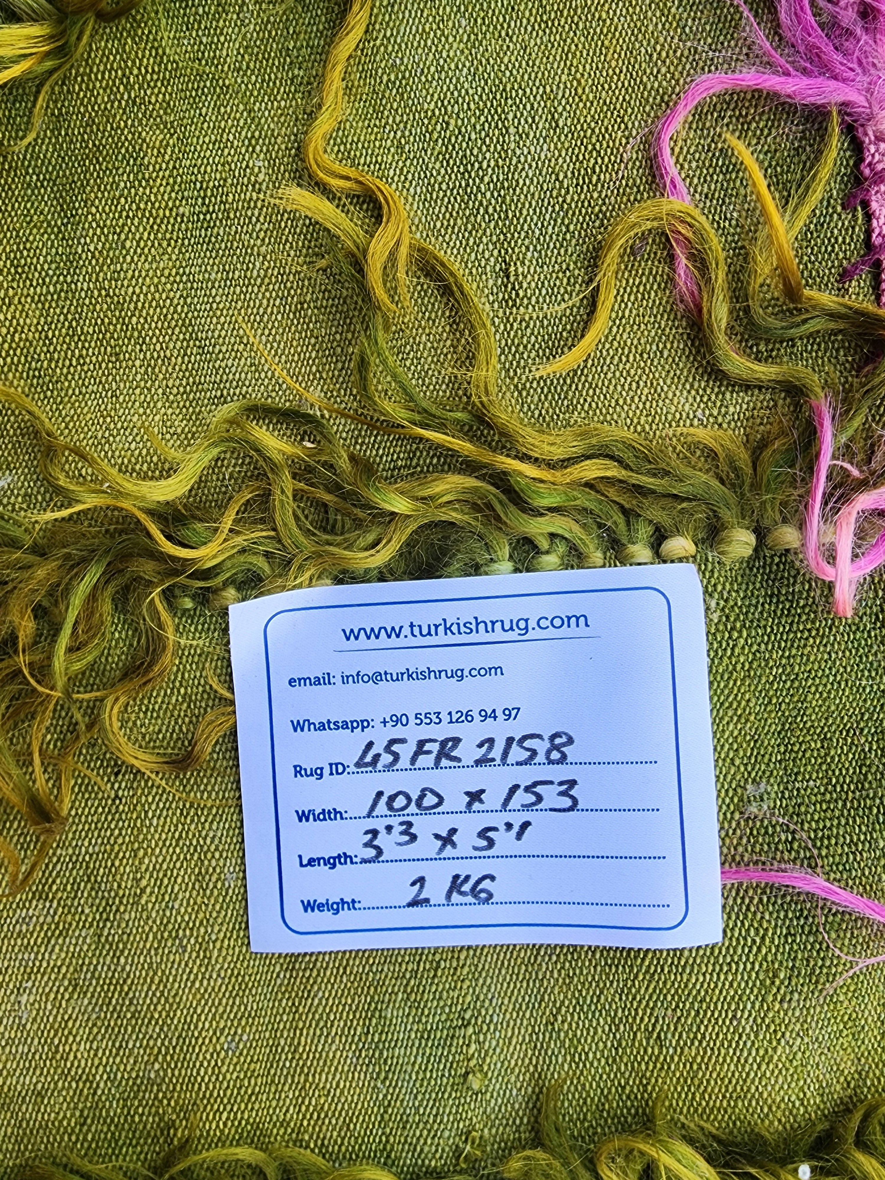 Turkish Filikli Tulu Rug: Green & Purple Shaggy Kilim, 5x3 ft