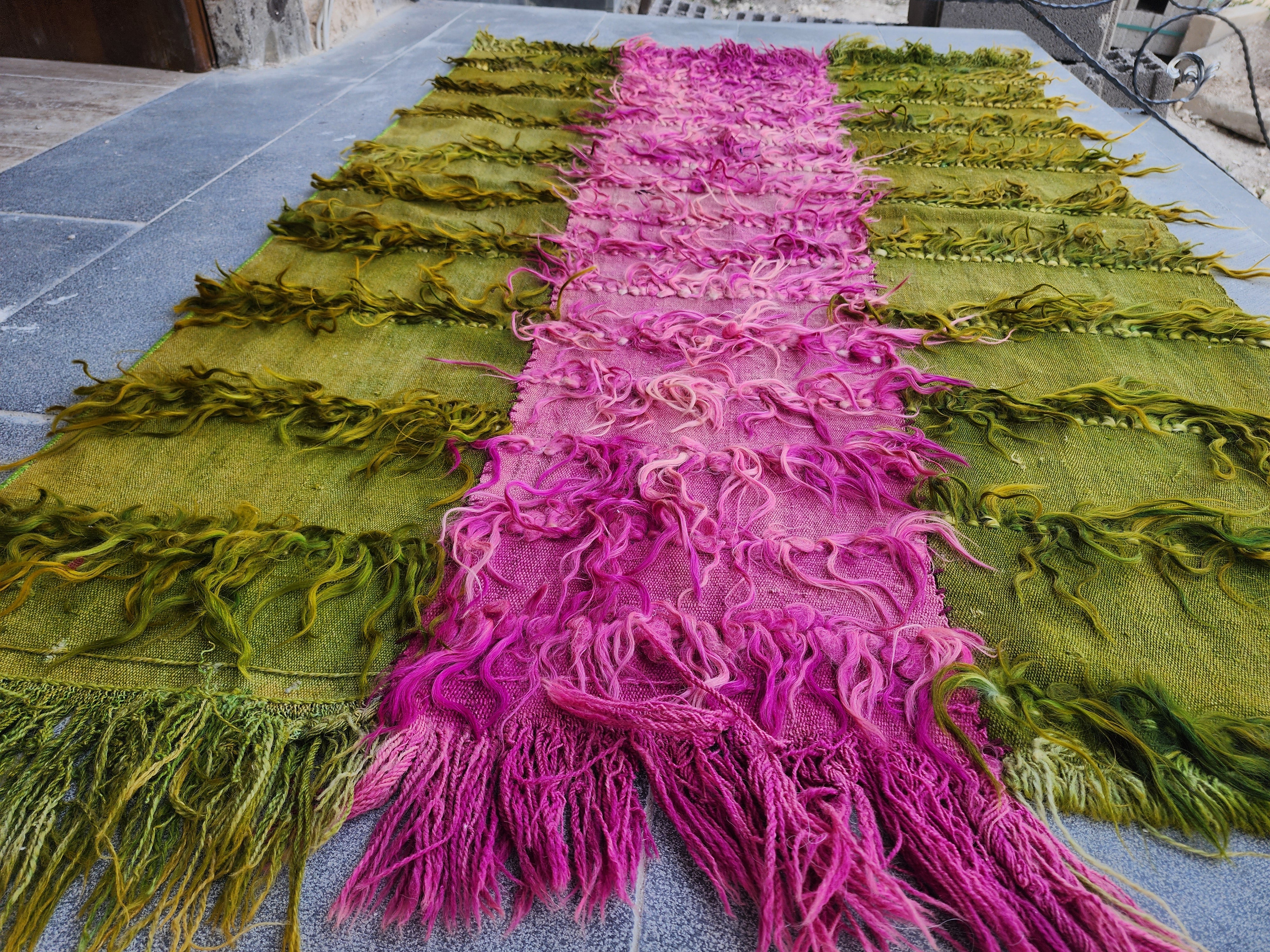 Turkish Filikli Tulu Rug: Green & Purple Shaggy Kilim, 5x3 ft