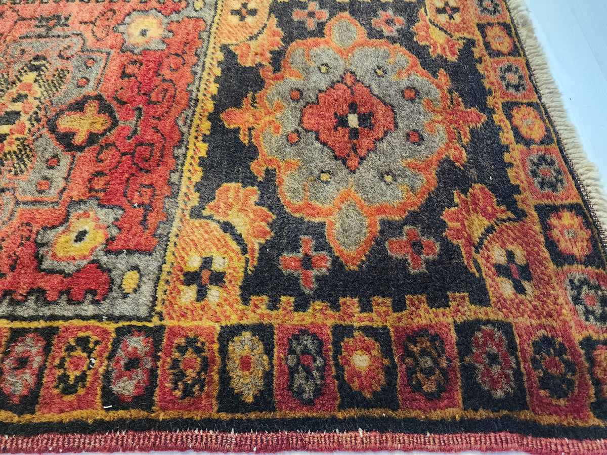 Matrona — Vintage Sivas Turkish Rug, Hand-Knotted Wool Anatolian Runner, Red Grey Black Medallion Entryway Mat