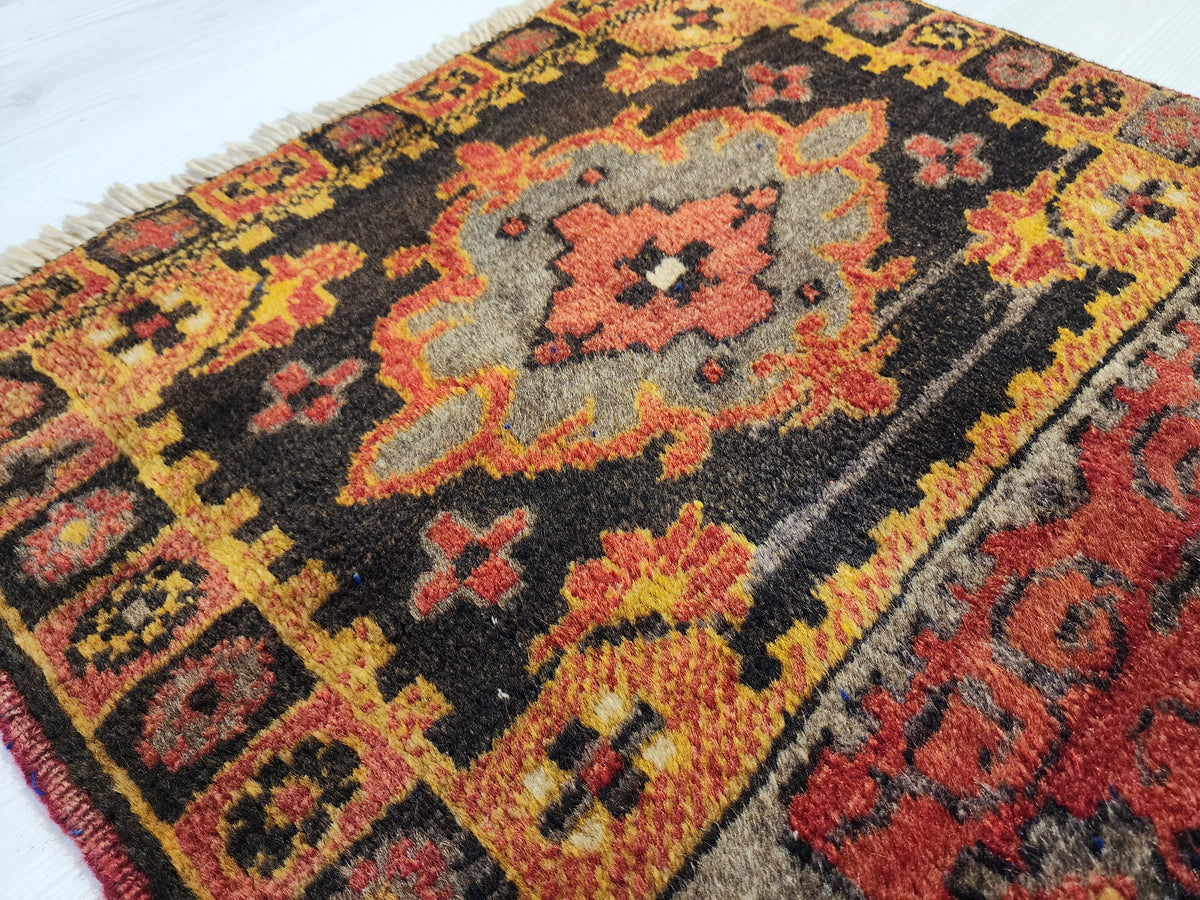 Matrona — Vintage Sivas Turkish Rug, Hand-Knotted Wool Anatolian Runner, Red Grey Black Medallion Entryway Mat
