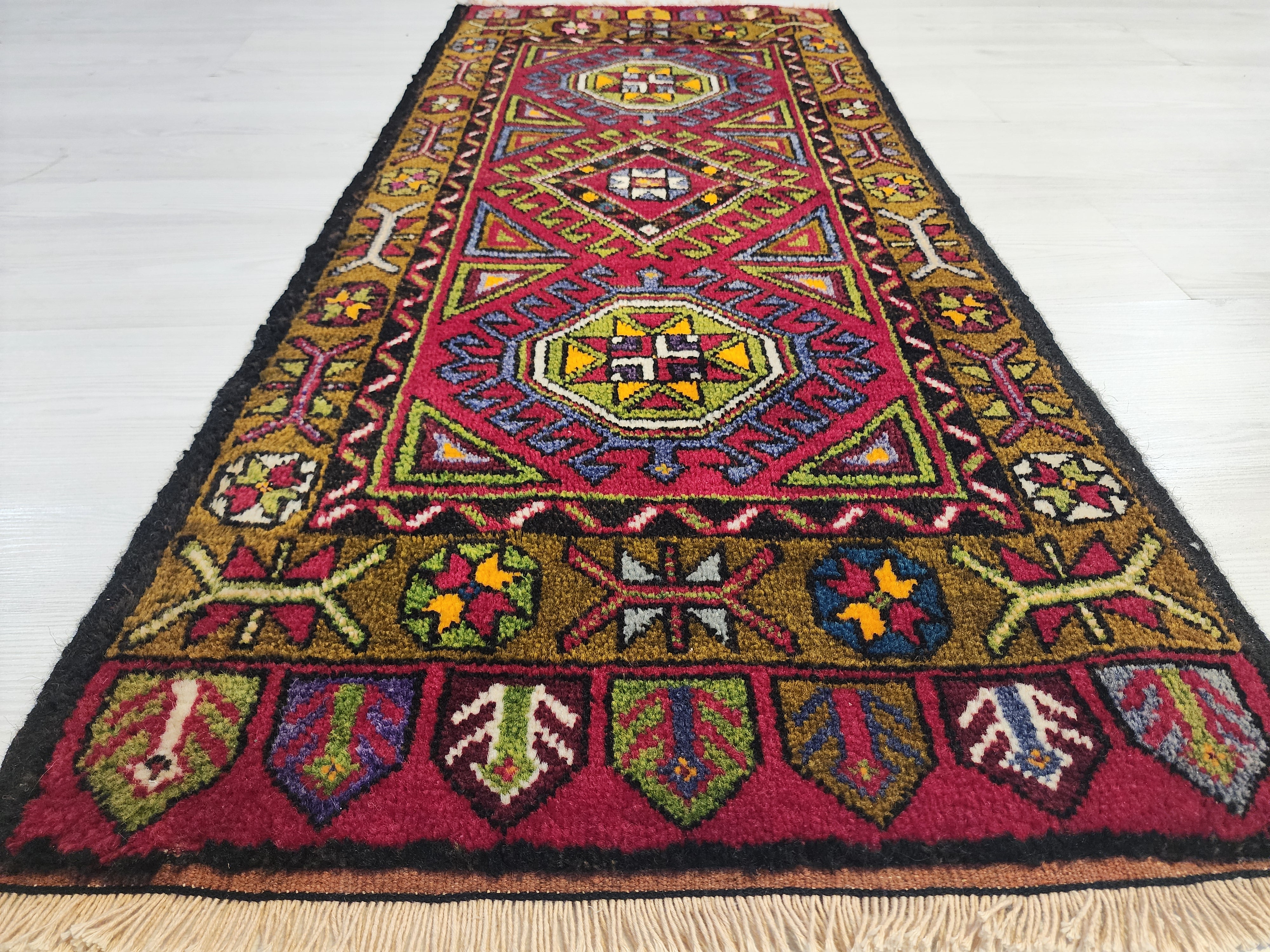 small Vintage Turkish Rug: 1'11'' x 4'3'' ft Handmade Turkish Mat — styled view
