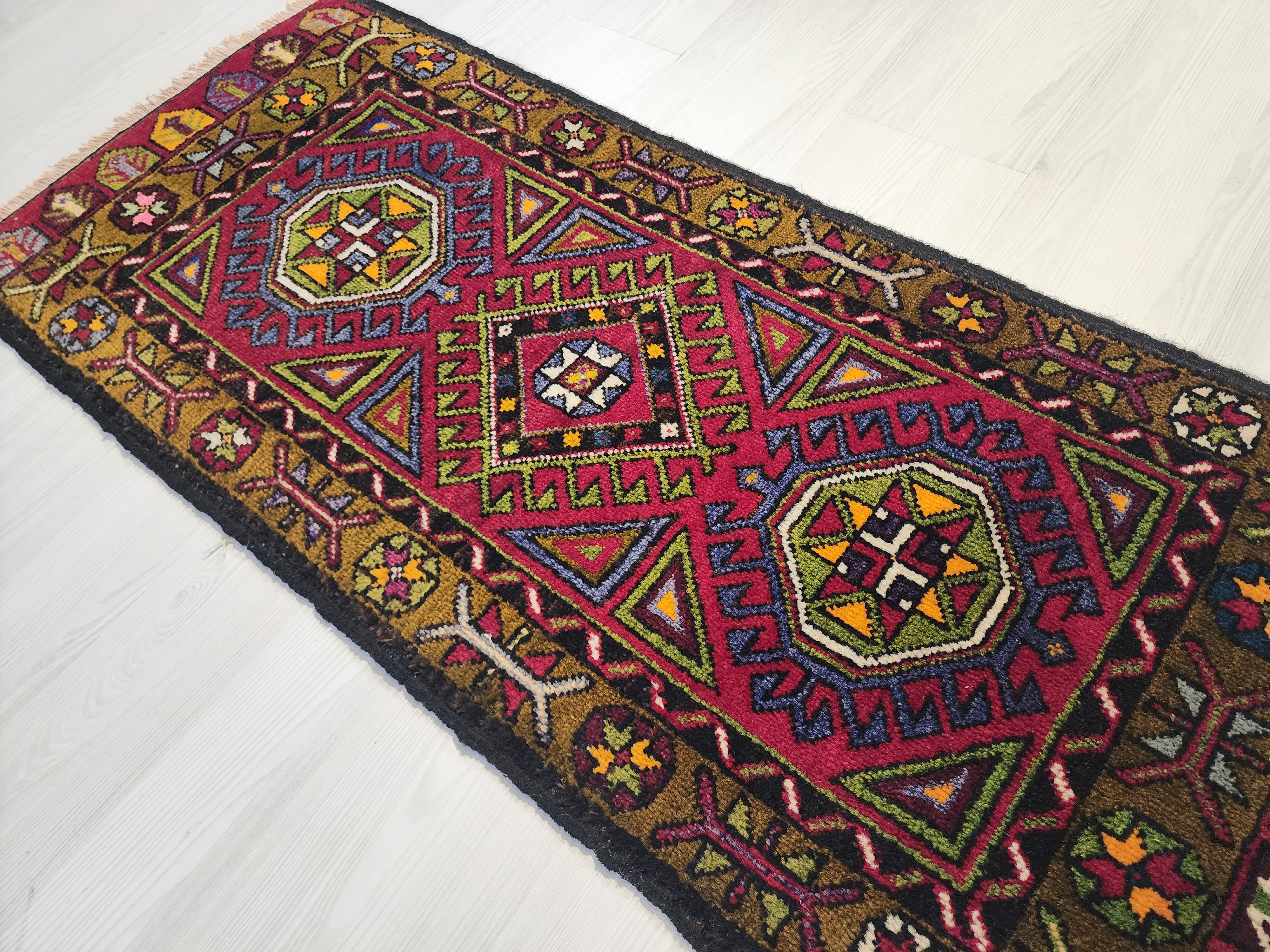 small Vintage Turkish Rug: 1'11'' x 4'3'' ft Handmade Turkish Mat — pattern close-up